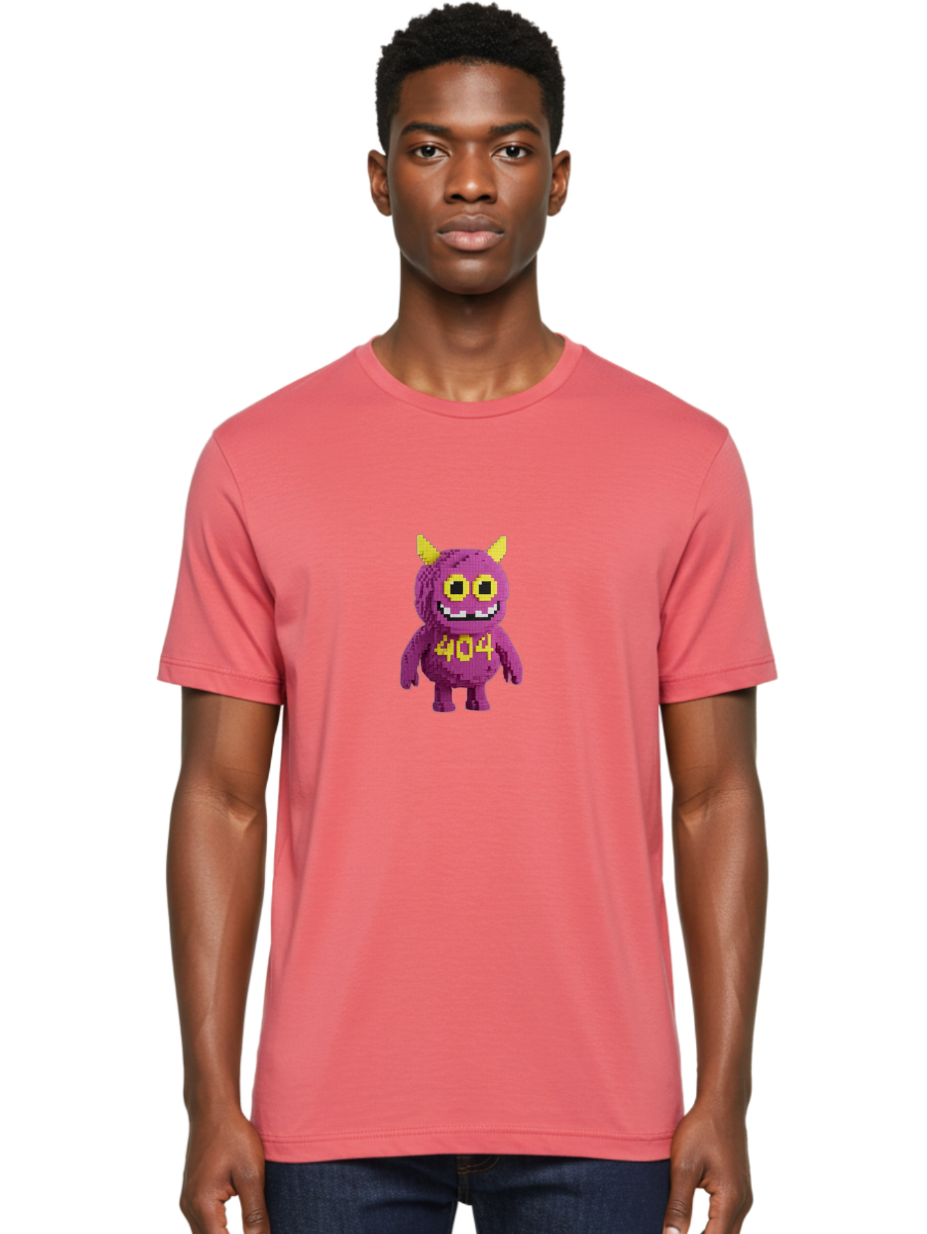 404-Monster-4 Men'S Graphic Tee, 100% Cotton, Comfortable Casual Summer Wear, Machine Washable, Pixel Art Monster, Purple Creature, Yellow Horns, 404 Error, Cartoon Character, Funny Design, Web Error Icon, Cute Pixel Monster, Digital Art, Baa101