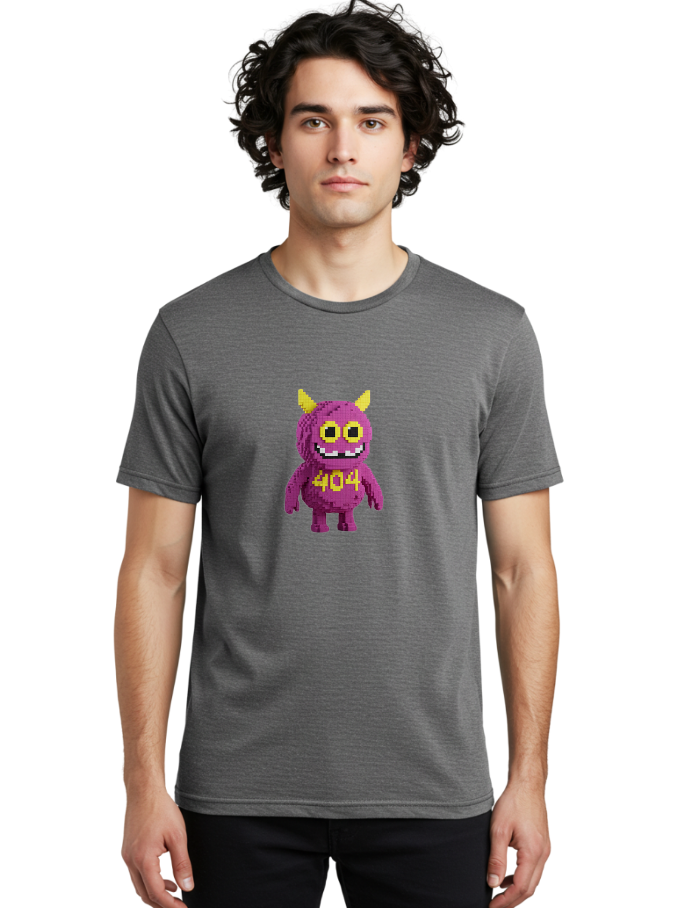 404-Monster-4 Men'S Graphic Tee, 100% Cotton, Comfortable Casual Summer Wear, Machine Washable, Pixel Art Monster, Purple Creature, Yellow Horns, 404 Error, Cartoon Character, Funny Design, Web Error Icon, Cute Pixel Monster, Digital Art, Baa101