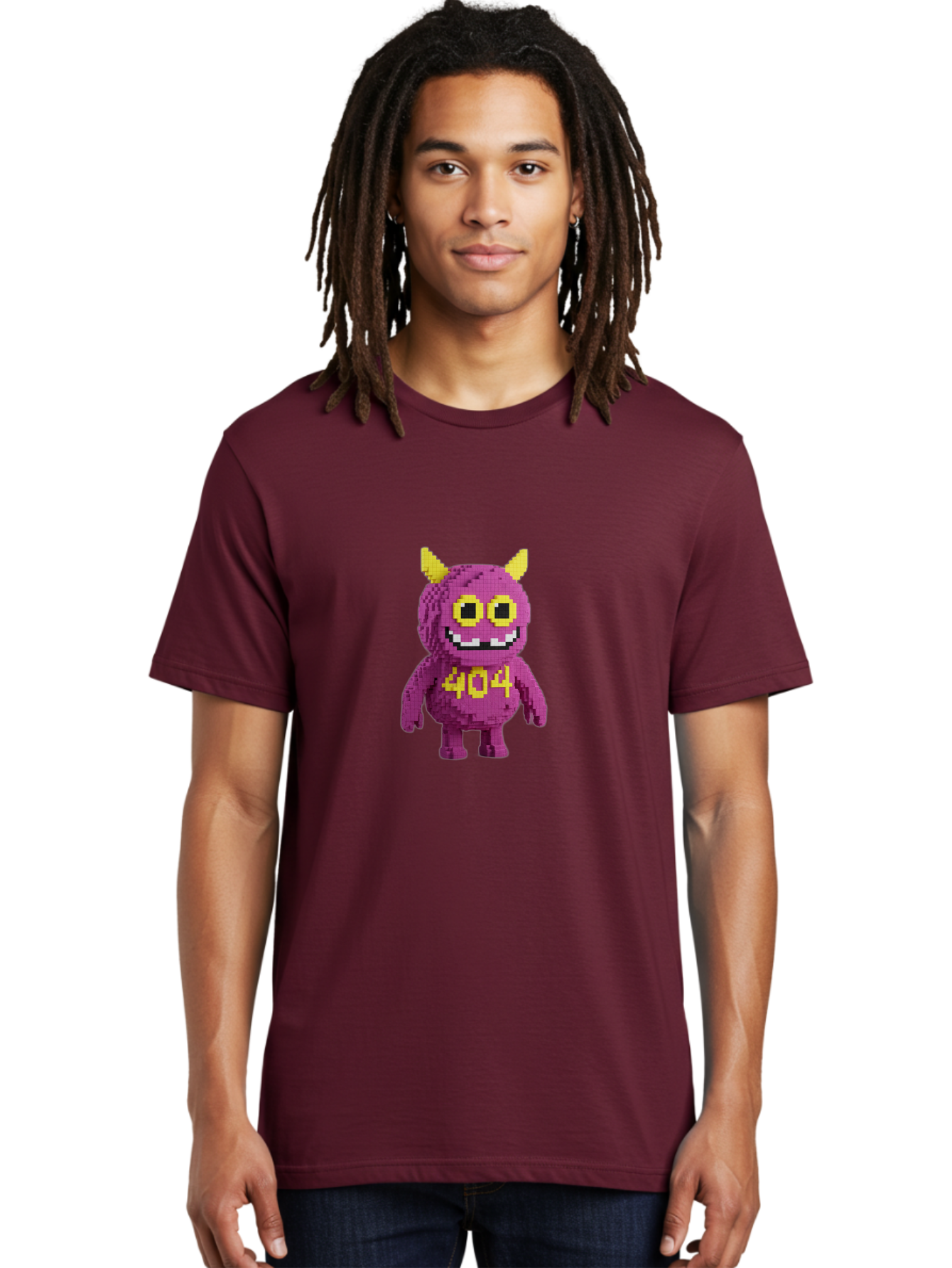 404-Monster-4 Men'S Graphic Tee, 100% Cotton, Comfortable Casual Summer Wear, Machine Washable, Pixel Art Monster, Purple Creature, Yellow Horns, 404 Error, Cartoon Character, Funny Design, Web Error Icon, Cute Pixel Monster, Digital Art, Baa101