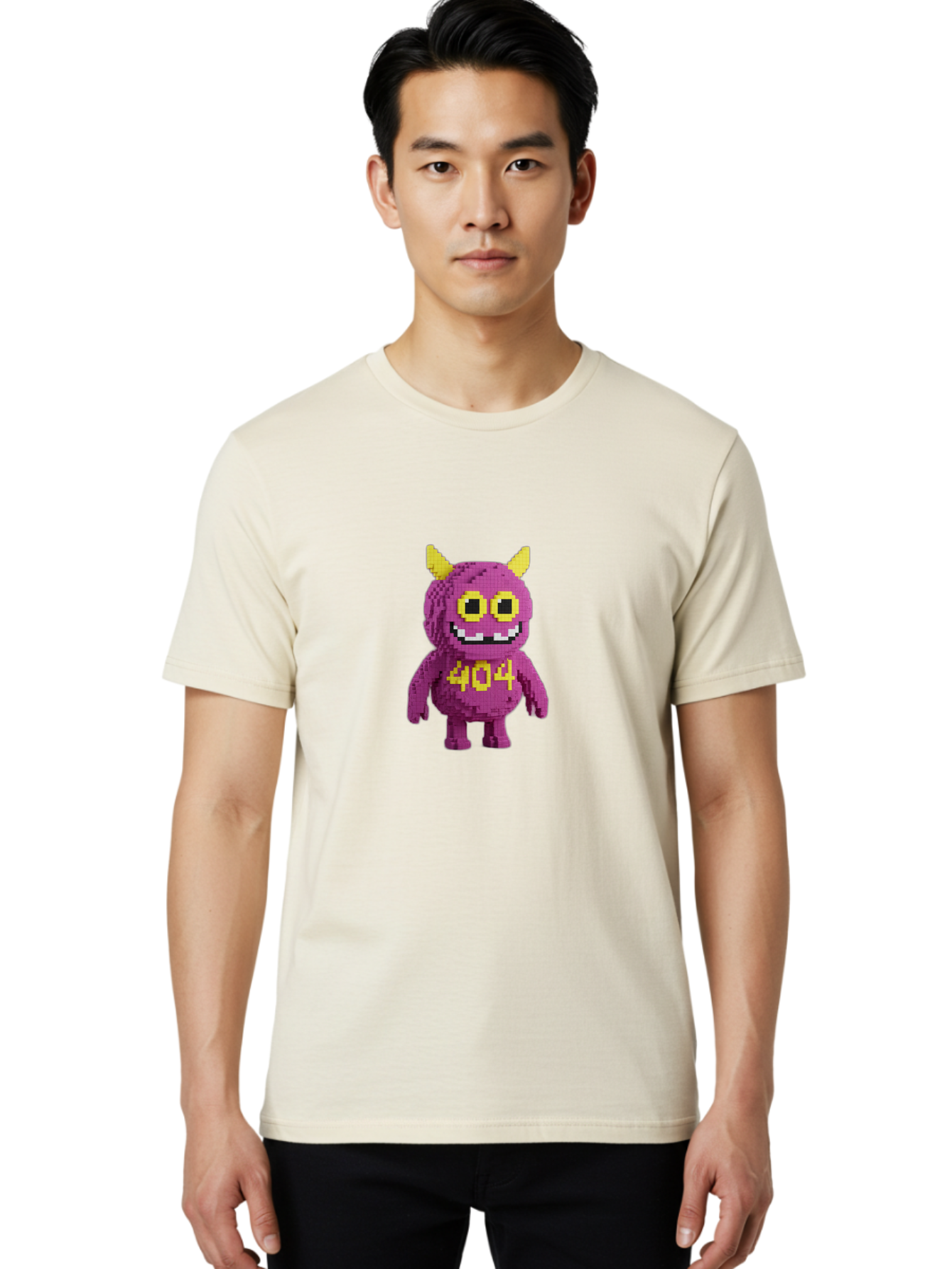 404-Monster-4 Men'S Graphic Tee, 100% Cotton, Comfortable Casual Summer Wear, Machine Washable, Pixel Art Monster, Purple Creature, Yellow Horns, 404 Error, Cartoon Character, Funny Design, Web Error Icon, Cute Pixel Monster, Digital Art, Baa101