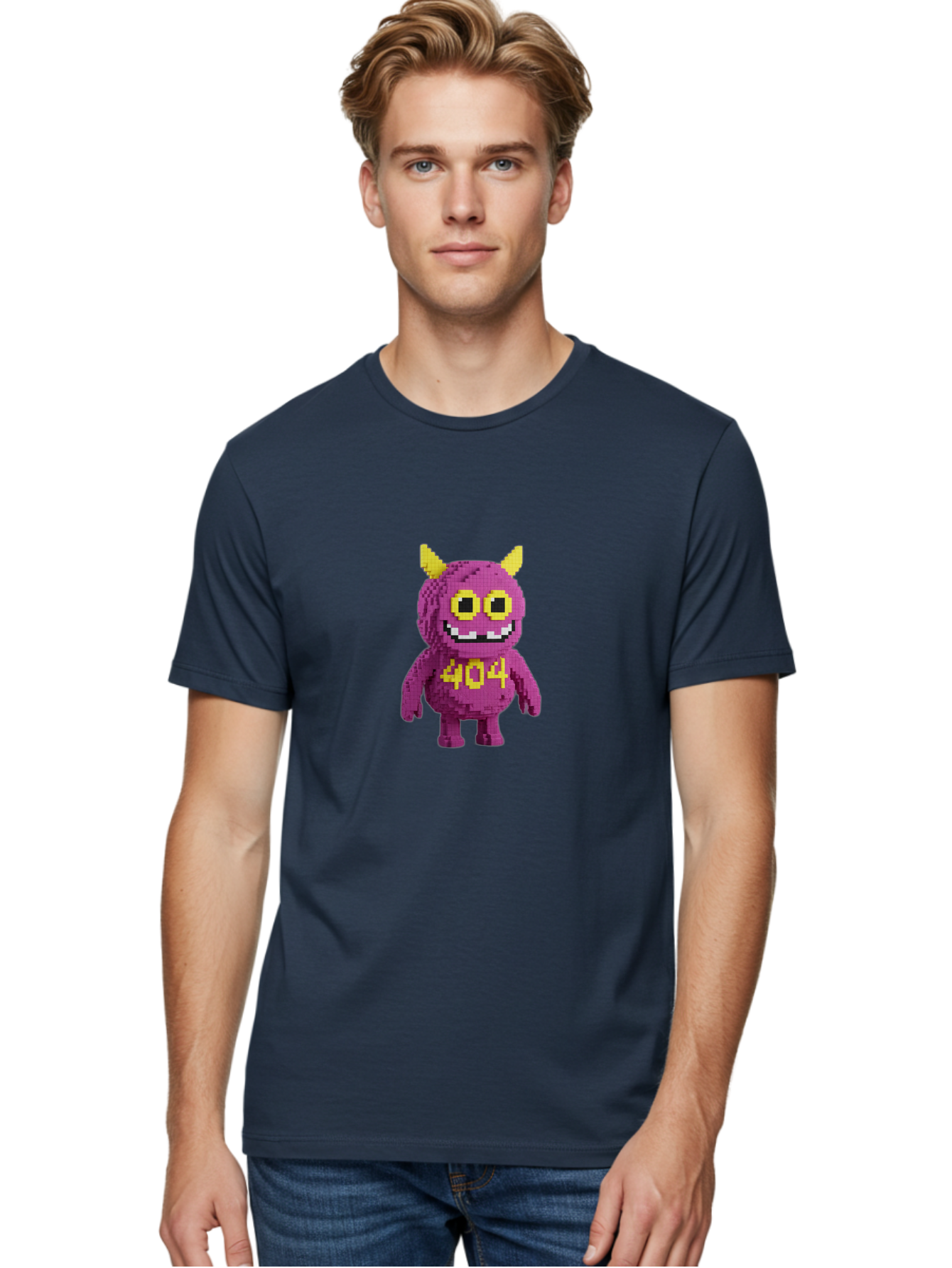 404-Monster-4 Men'S Graphic Tee, 100% Cotton, Comfortable Casual Summer Wear, Machine Washable, Pixel Art Monster, Purple Creature, Yellow Horns, 404 Error, Cartoon Character, Funny Design, Web Error Icon, Cute Pixel Monster, Digital Art, Baa101