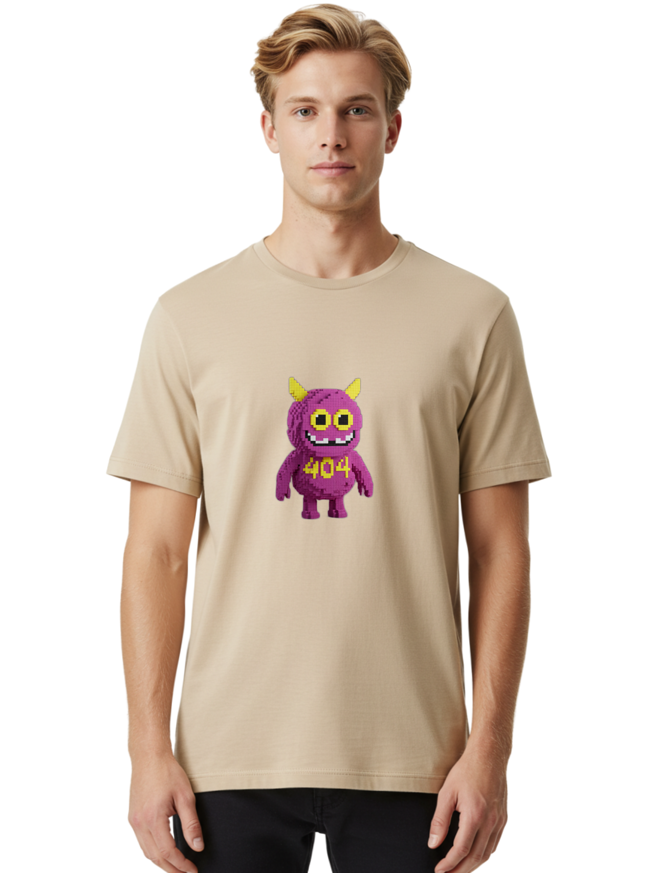 404-Monster-4 Men'S Graphic Tee, 100% Cotton, Comfortable Casual Summer Wear, Machine Washable, Pixel Art Monster, Purple Creature, Yellow Horns, 404 Error, Cartoon Character, Funny Design, Web Error Icon, Cute Pixel Monster, Digital Art, Baa101