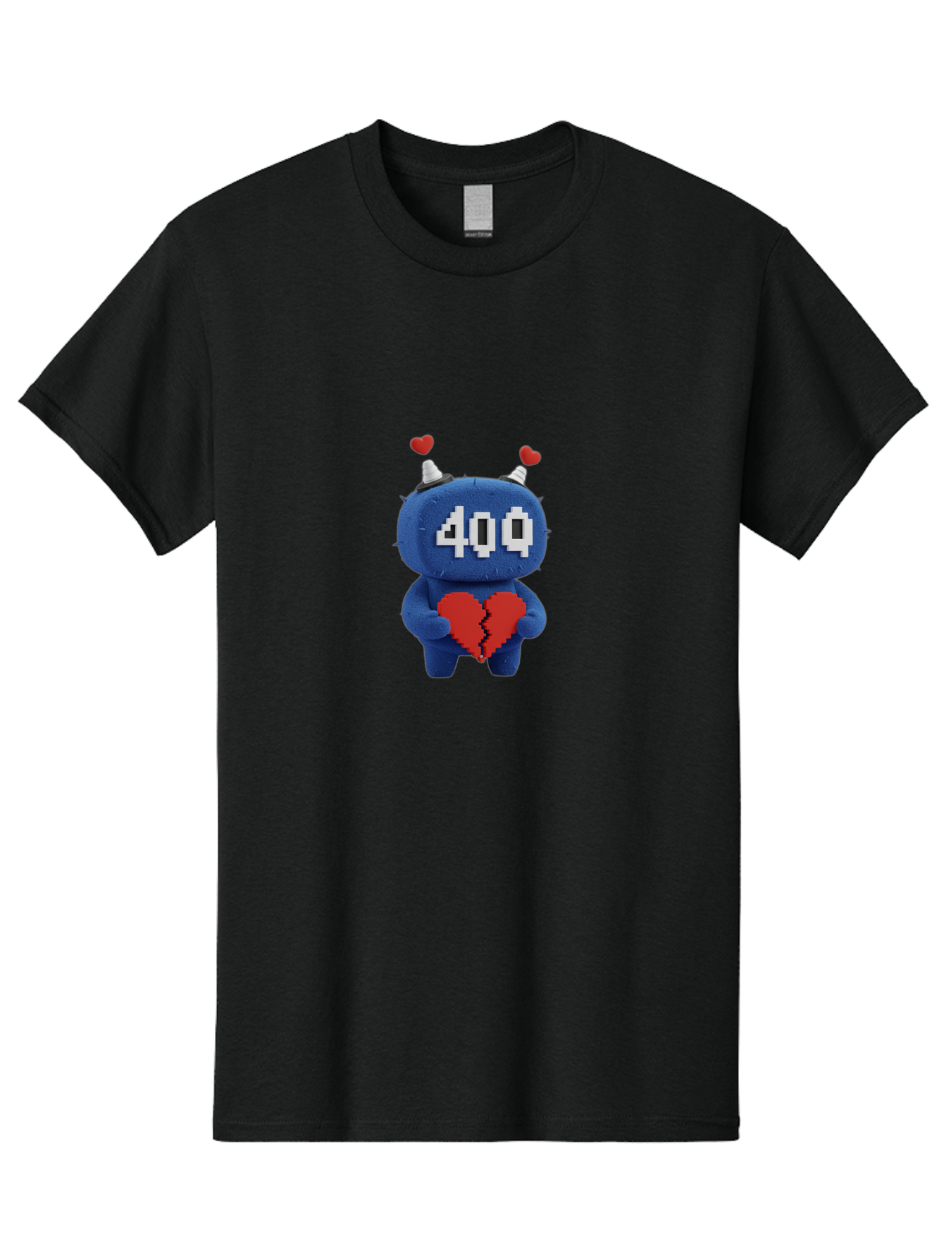 404-Monster Men'S Graphic Tee, 100% Cotton, Comfortable Casual Summer Wear, Machine Washable, Broken Red Heart, Blue Creature, 400 Displayed On Face, Pixelated Eyes, White Horns, Cute Character, Digital Illustration, Pixel Art, Heartbreak, Baa102