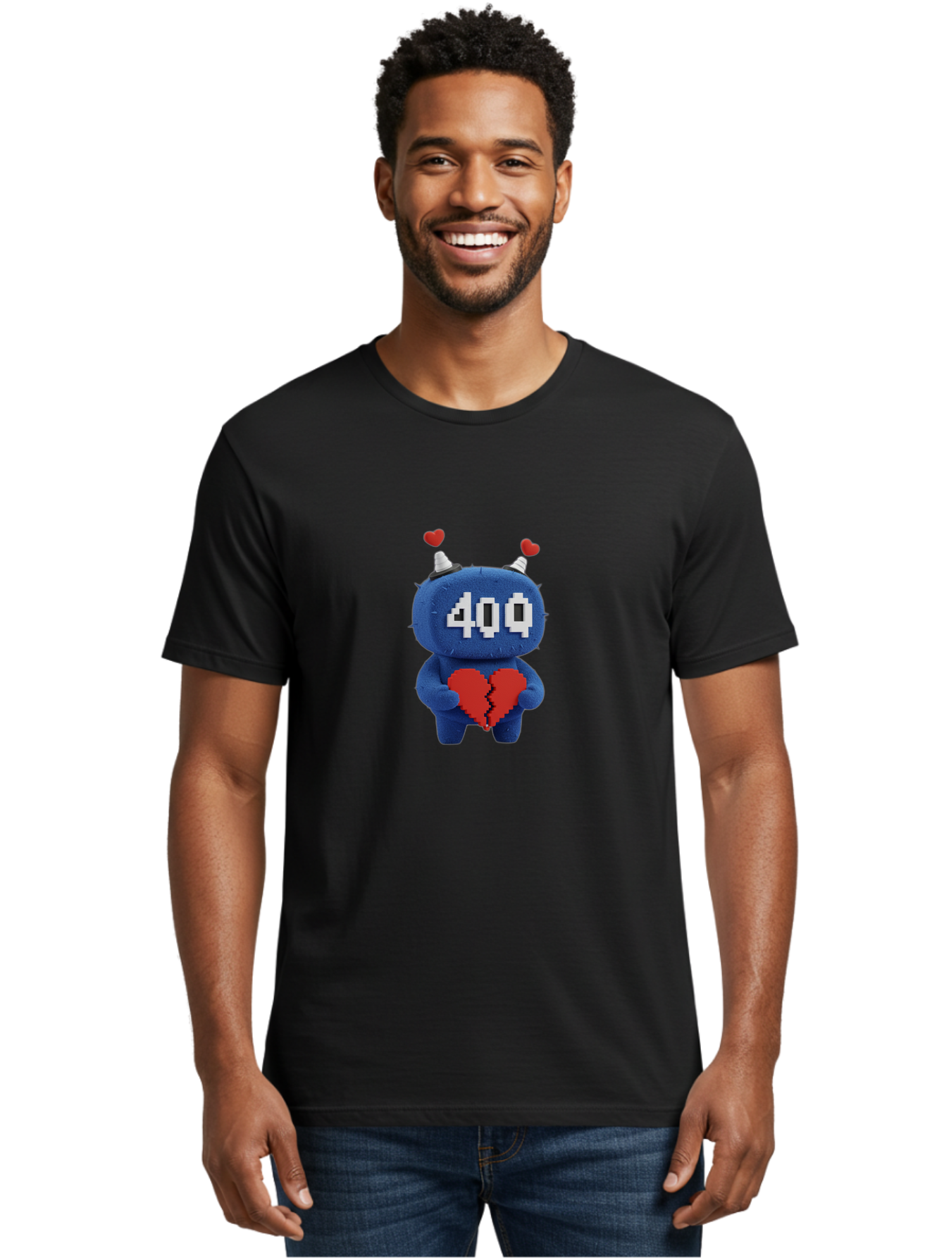 404-Monster Men'S Graphic Tee, 100% Cotton, Comfortable Casual Summer Wear, Machine Washable, Broken Red Heart, Blue Creature, 400 Displayed On Face, Pixelated Eyes, White Horns, Cute Character, Digital Illustration, Pixel Art, Heartbreak, Baa102