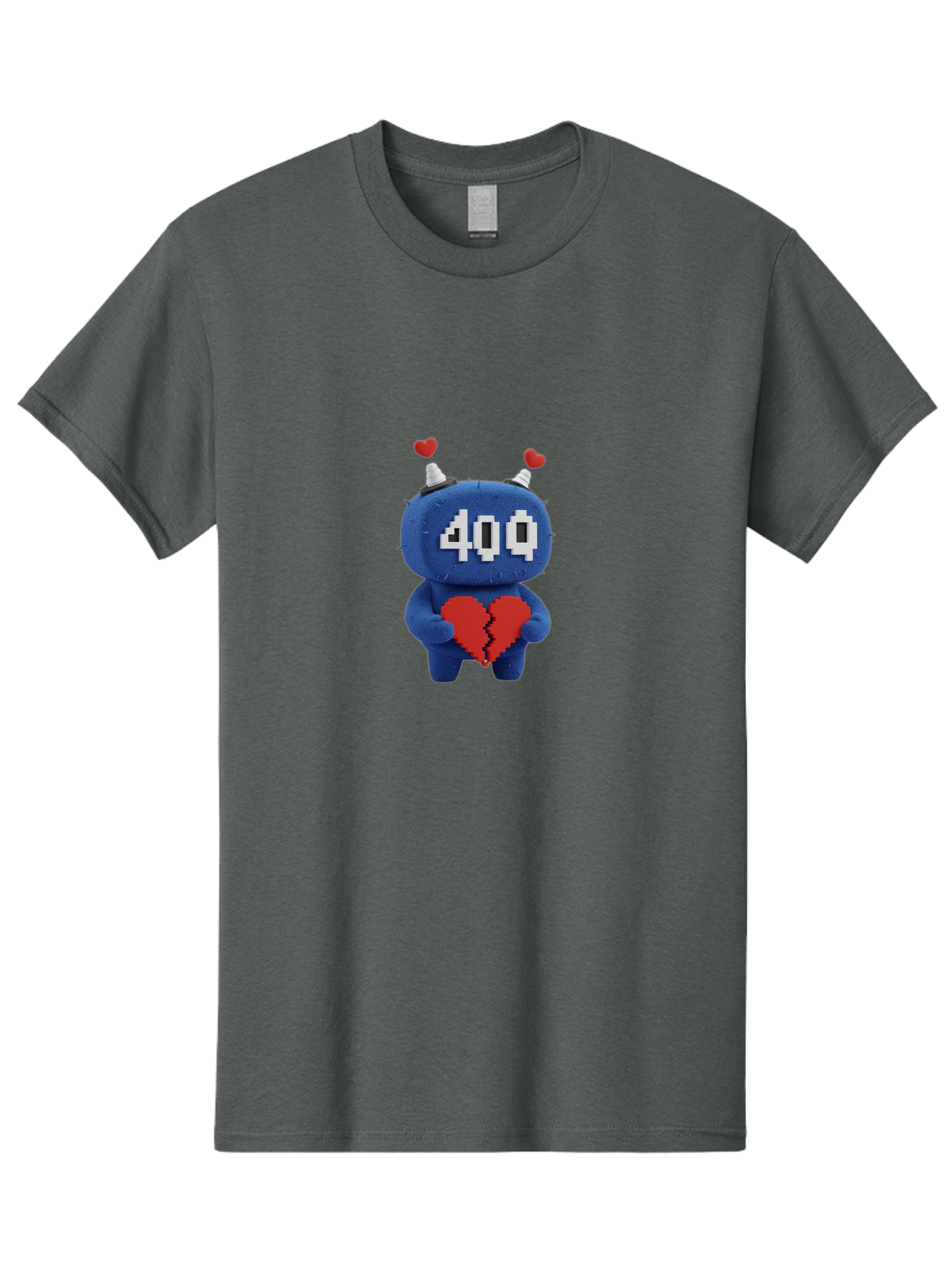 404-Monster Men'S Graphic Tee, 100% Cotton, Comfortable Casual Summer Wear, Machine Washable, Broken Red Heart, Blue Creature, 400 Displayed On Face, Pixelated Eyes, White Horns, Cute Character, Digital Illustration, Pixel Art, Heartbreak, Baa102