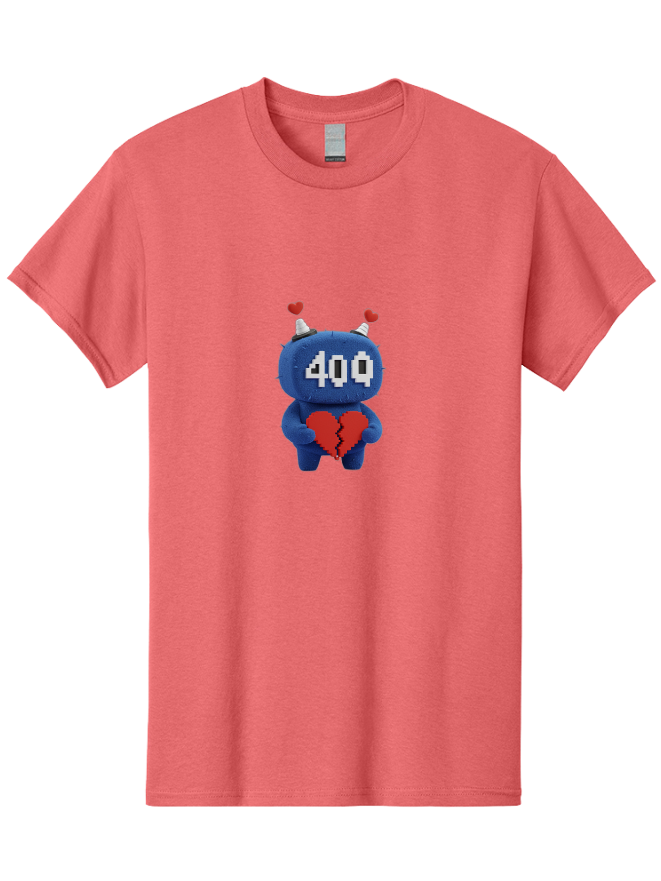 404-Monster Men'S Graphic Tee, 100% Cotton, Comfortable Casual Summer Wear, Machine Washable, Broken Red Heart, Blue Creature, 400 Displayed On Face, Pixelated Eyes, White Horns, Cute Character, Digital Illustration, Pixel Art, Heartbreak, Baa102