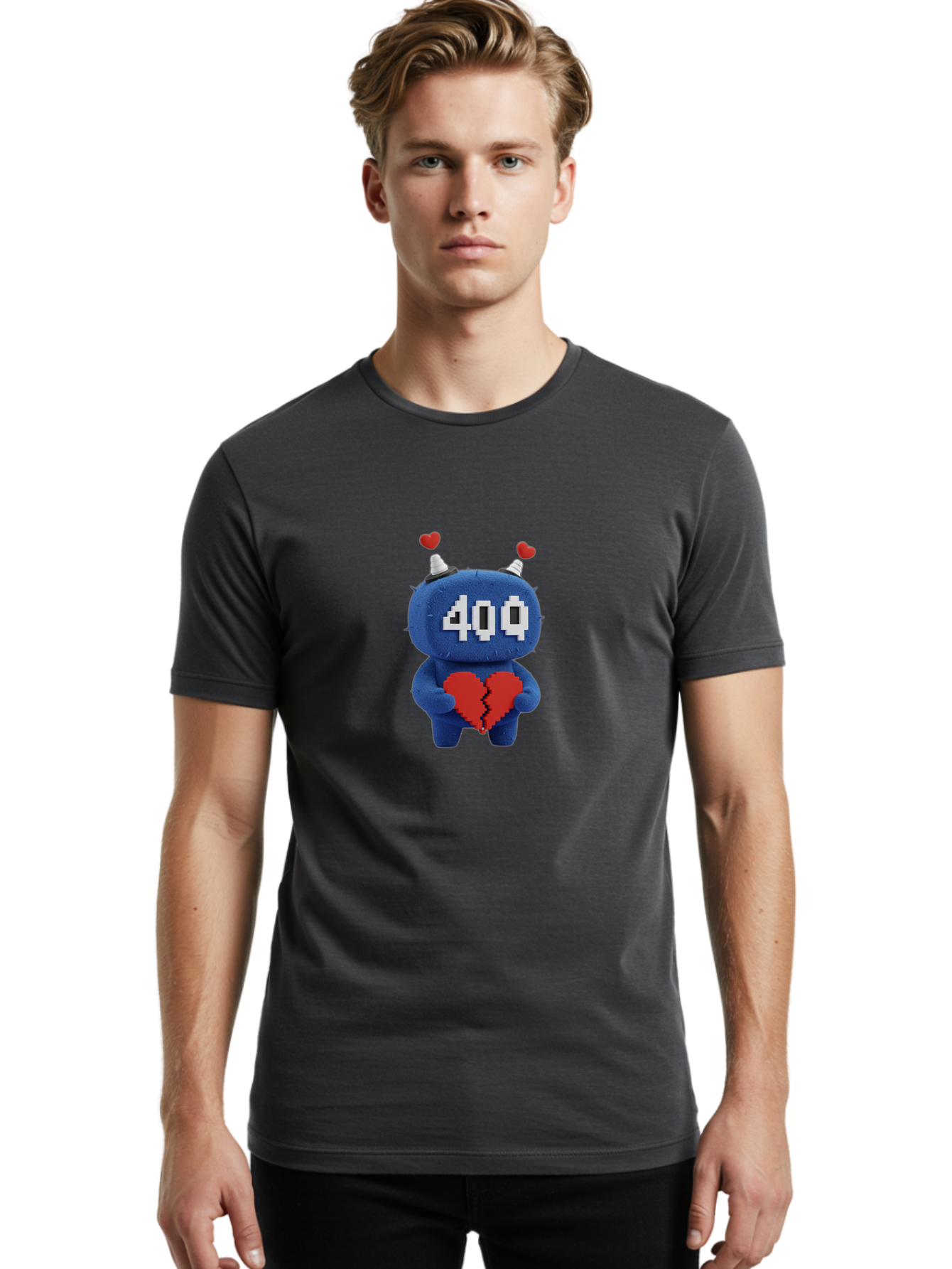 404-Monster Men'S Graphic Tee, 100% Cotton, Comfortable Casual Summer Wear, Machine Washable, Broken Red Heart, Blue Creature, 400 Displayed On Face, Pixelated Eyes, White Horns, Cute Character, Digital Illustration, Pixel Art, Heartbreak, Baa102
