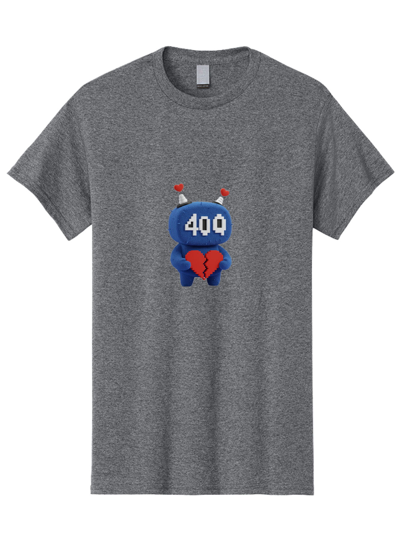 404-Monster Men'S Graphic Tee, 100% Cotton, Comfortable Casual Summer Wear, Machine Washable, Broken Red Heart, Blue Creature, 400 Displayed On Face, Pixelated Eyes, White Horns, Cute Character, Digital Illustration, Pixel Art, Heartbreak, Baa102