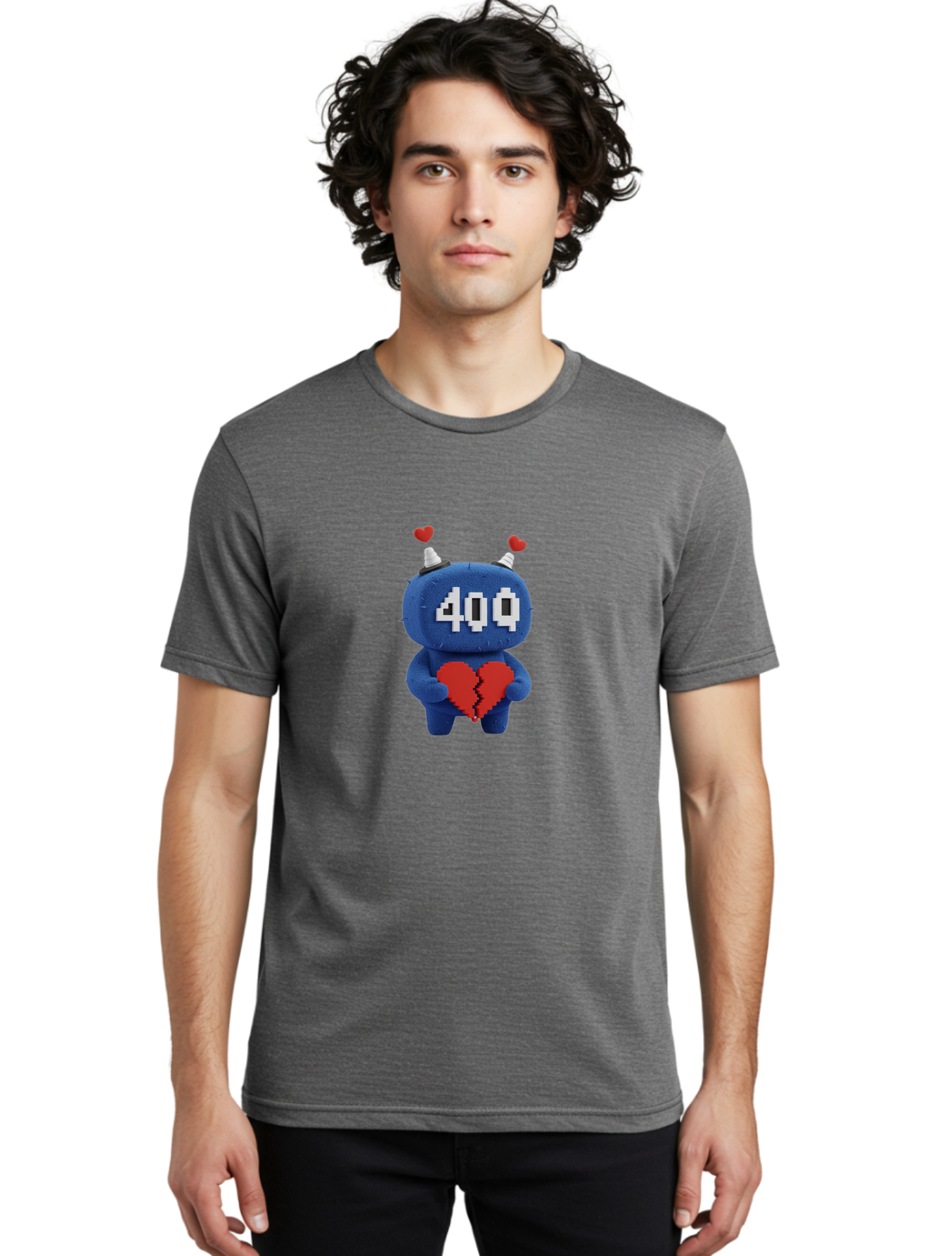 404-Monster Men'S Graphic Tee, 100% Cotton, Comfortable Casual Summer Wear, Machine Washable, Broken Red Heart, Blue Creature, 400 Displayed On Face, Pixelated Eyes, White Horns, Cute Character, Digital Illustration, Pixel Art, Heartbreak, Baa102