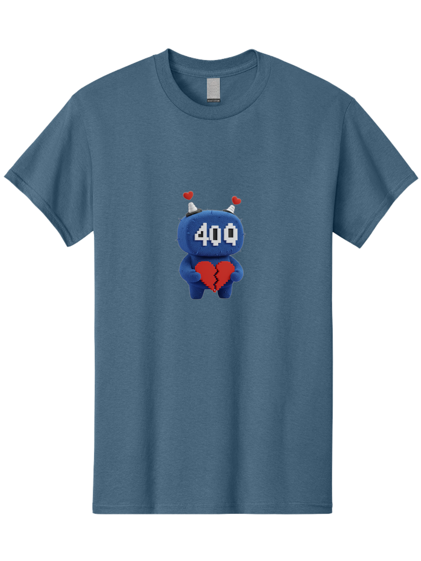 404-Monster Men'S Graphic Tee, 100% Cotton, Comfortable Casual Summer Wear, Machine Washable, Broken Red Heart, Blue Creature, 400 Displayed On Face, Pixelated Eyes, White Horns, Cute Character, Digital Illustration, Pixel Art, Heartbreak, Baa102