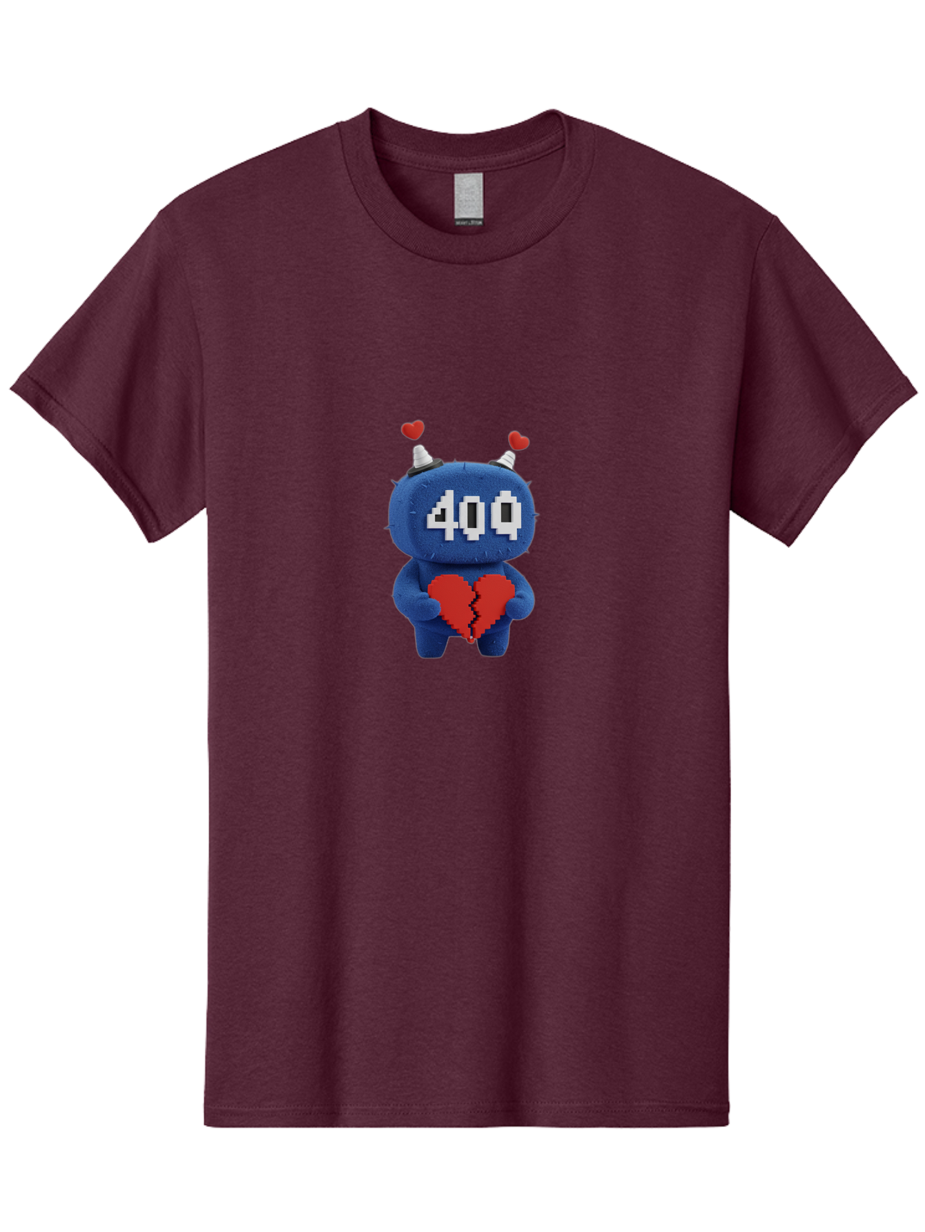 404-Monster Men'S Graphic Tee, 100% Cotton, Comfortable Casual Summer Wear, Machine Washable, Broken Red Heart, Blue Creature, 400 Displayed On Face, Pixelated Eyes, White Horns, Cute Character, Digital Illustration, Pixel Art, Heartbreak, Baa102