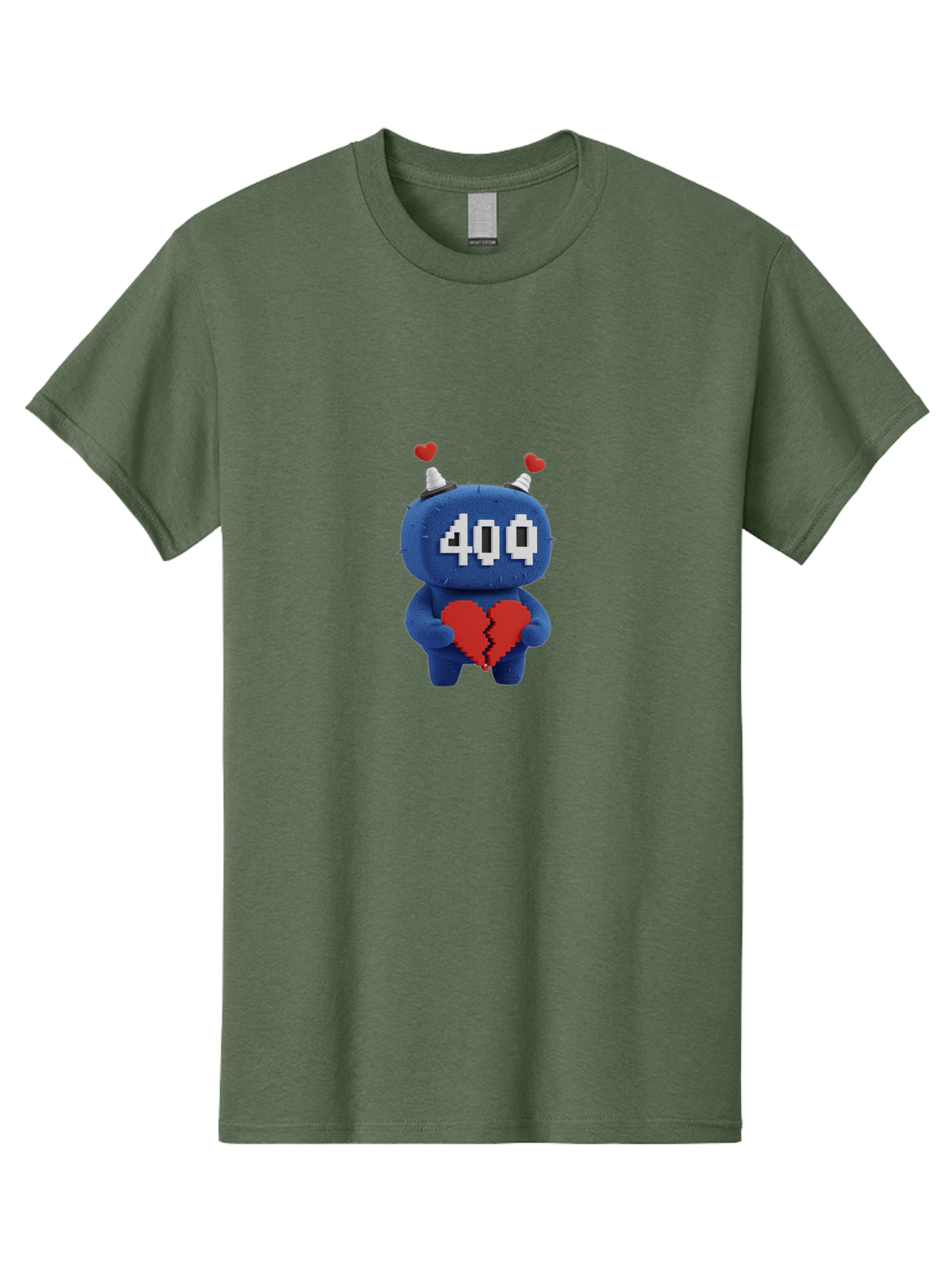 404-Monster Men'S Graphic Tee, 100% Cotton, Comfortable Casual Summer Wear, Machine Washable, Broken Red Heart, Blue Creature, 400 Displayed On Face, Pixelated Eyes, White Horns, Cute Character, Digital Illustration, Pixel Art, Heartbreak, Baa102