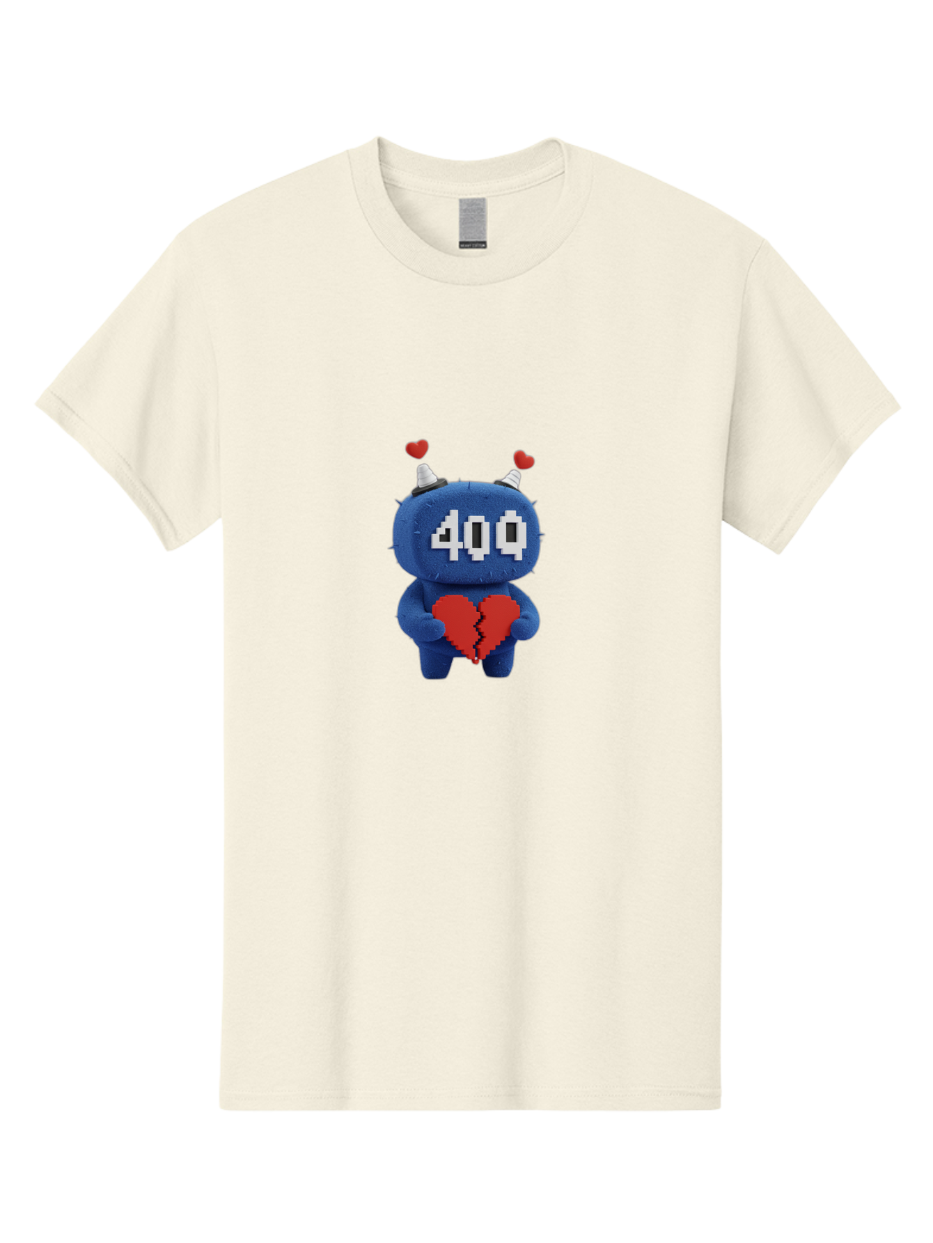 404-Monster Men'S Graphic Tee, 100% Cotton, Comfortable Casual Summer Wear, Machine Washable, Broken Red Heart, Blue Creature, 400 Displayed On Face, Pixelated Eyes, White Horns, Cute Character, Digital Illustration, Pixel Art, Heartbreak, Baa102