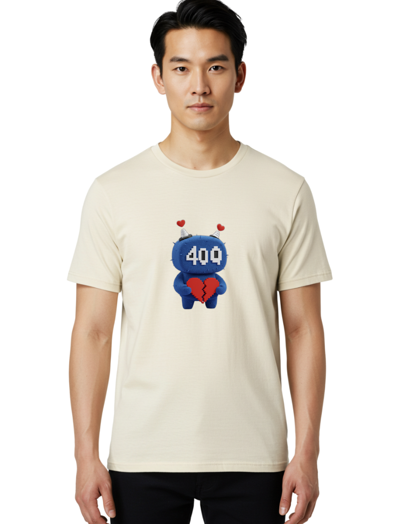 404-Monster Men'S Graphic Tee, 100% Cotton, Comfortable Casual Summer Wear, Machine Washable, Broken Red Heart, Blue Creature, 400 Displayed On Face, Pixelated Eyes, White Horns, Cute Character, Digital Illustration, Pixel Art, Heartbreak, Baa102