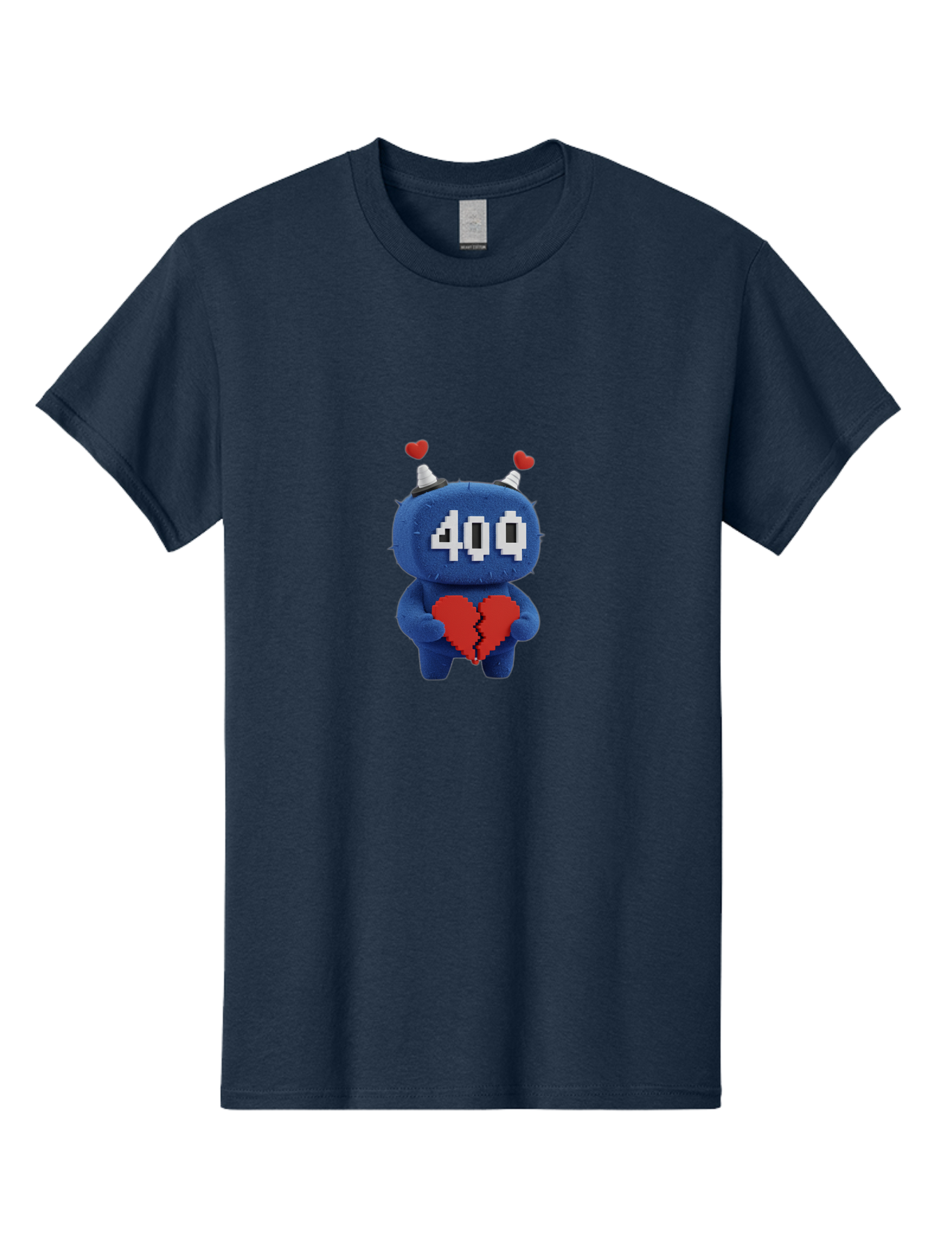 404-Monster Men'S Graphic Tee, 100% Cotton, Comfortable Casual Summer Wear, Machine Washable, Broken Red Heart, Blue Creature, 400 Displayed On Face, Pixelated Eyes, White Horns, Cute Character, Digital Illustration, Pixel Art, Heartbreak, Baa102