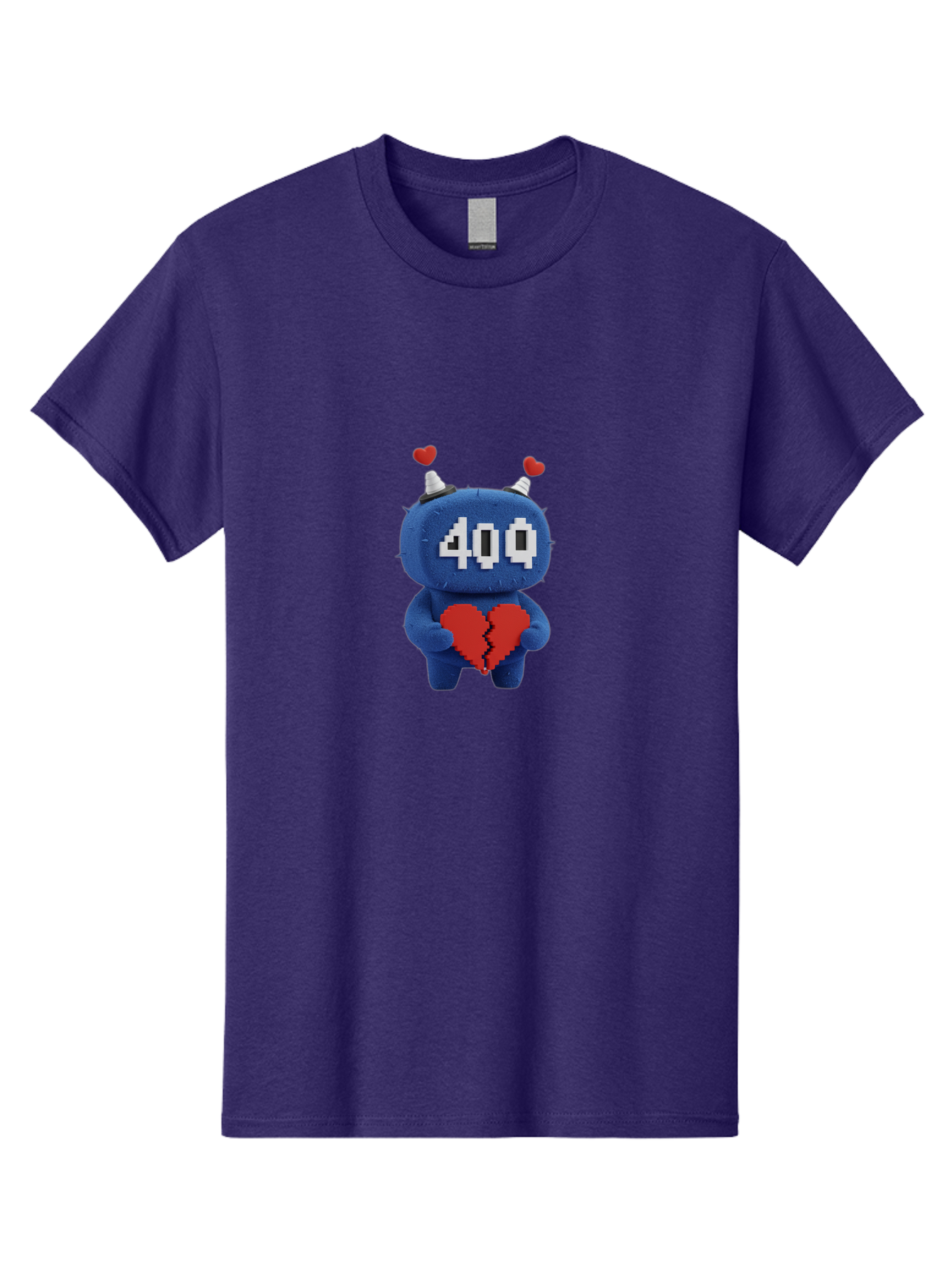 404-Monster Men'S Graphic Tee, 100% Cotton, Comfortable Casual Summer Wear, Machine Washable, Broken Red Heart, Blue Creature, 400 Displayed On Face, Pixelated Eyes, White Horns, Cute Character, Digital Illustration, Pixel Art, Heartbreak, Baa102