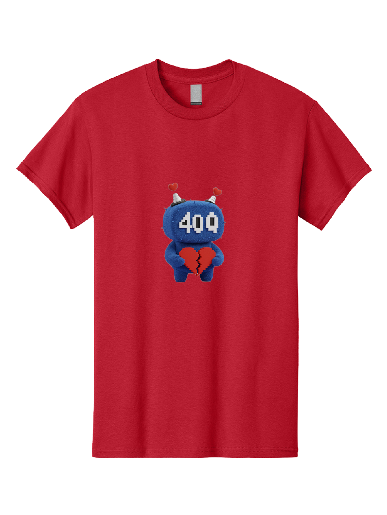 404-Monster Men'S Graphic Tee, 100% Cotton, Comfortable Casual Summer Wear, Machine Washable, Broken Red Heart, Blue Creature, 400 Displayed On Face, Pixelated Eyes, White Horns, Cute Character, Digital Illustration, Pixel Art, Heartbreak, Baa102