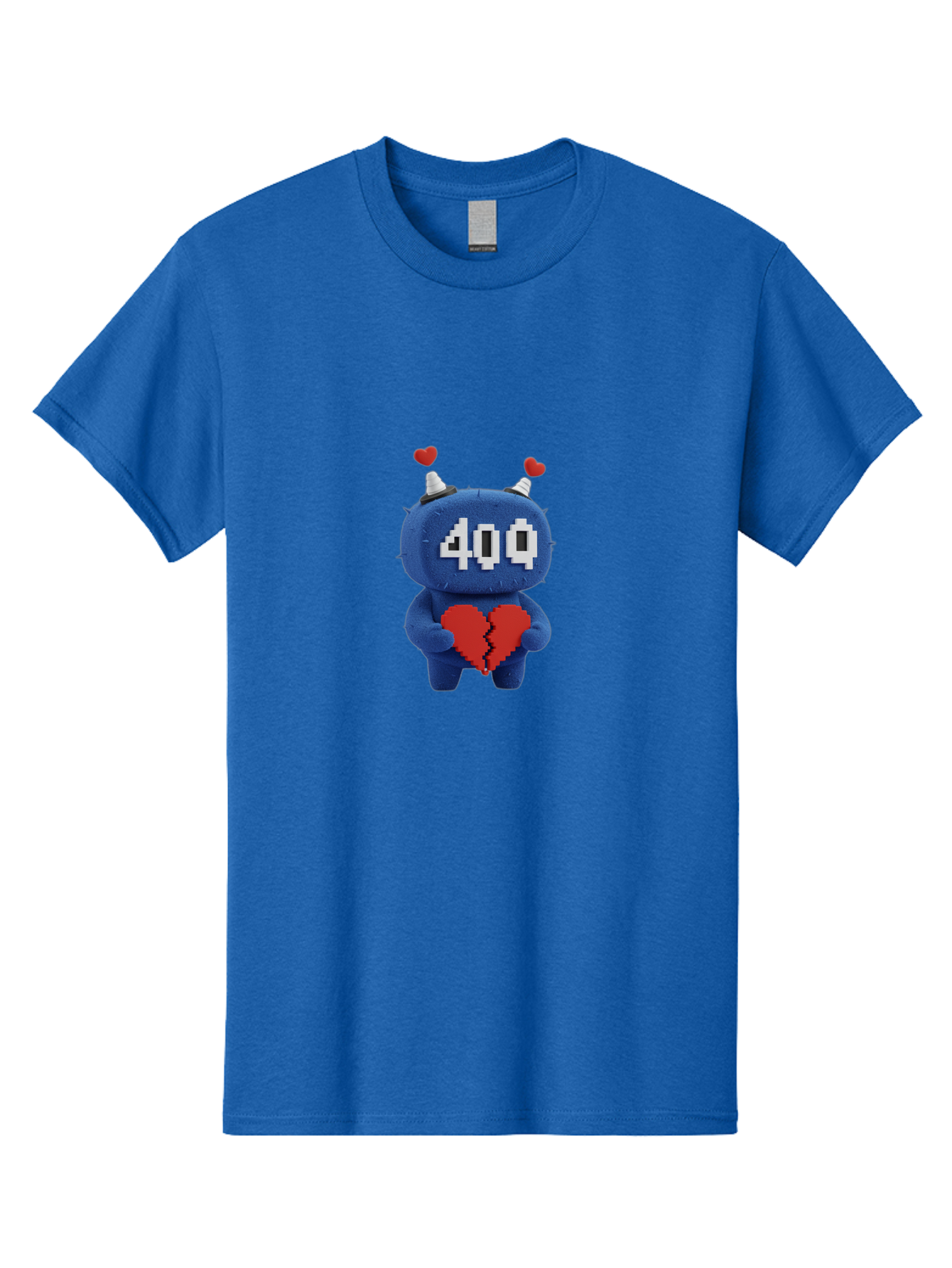 404-Monster Men'S Graphic Tee, 100% Cotton, Comfortable Casual Summer Wear, Machine Washable, Broken Red Heart, Blue Creature, 400 Displayed On Face, Pixelated Eyes, White Horns, Cute Character, Digital Illustration, Pixel Art, Heartbreak, Baa102