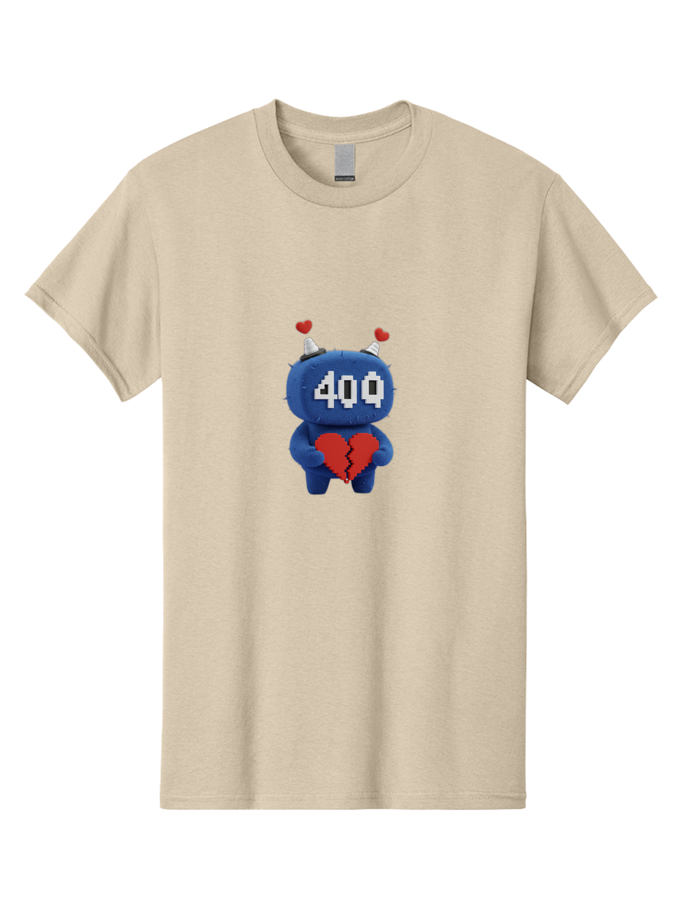 404-Monster Men'S Graphic Tee, 100% Cotton, Comfortable Casual Summer Wear, Machine Washable, Broken Red Heart, Blue Creature, 400 Displayed On Face, Pixelated Eyes, White Horns, Cute Character, Digital Illustration, Pixel Art, Heartbreak, Baa102