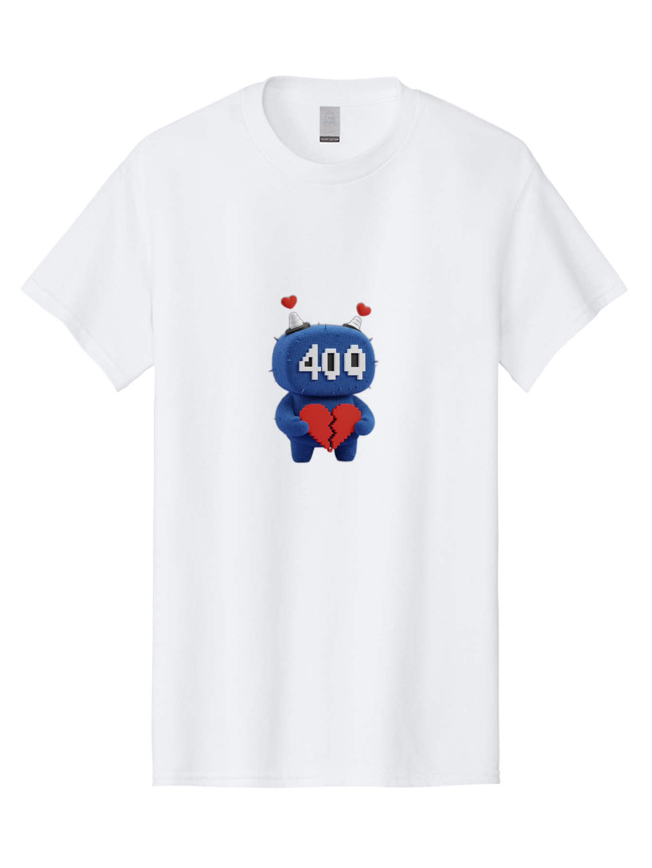 404-Monster Men'S Graphic Tee, 100% Cotton, Comfortable Casual Summer Wear, Machine Washable, Broken Red Heart, Blue Creature, 400 Displayed On Face, Pixelated Eyes, White Horns, Cute Character, Digital Illustration, Pixel Art, Heartbreak, Baa102