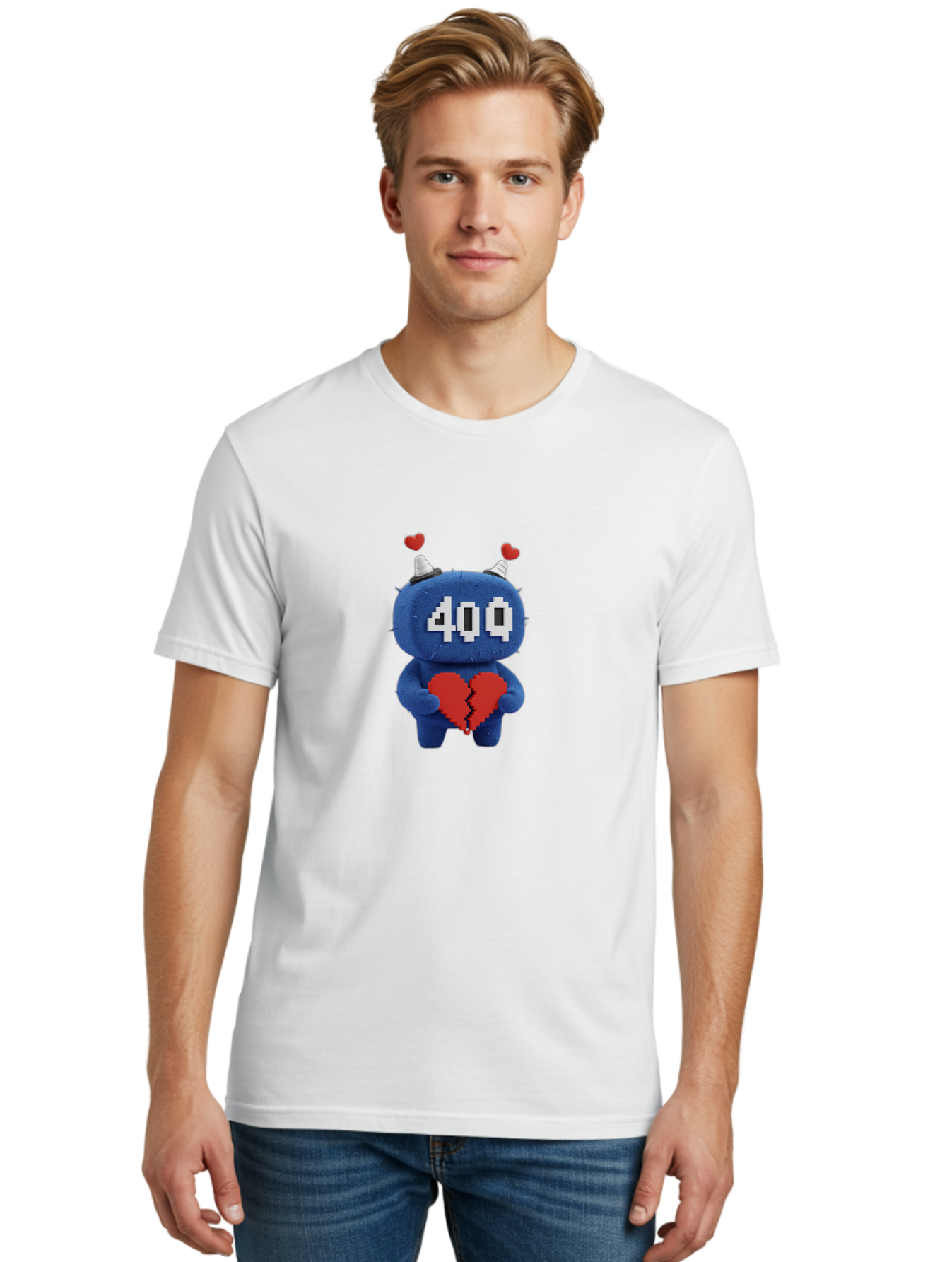 404-Monster Men'S Graphic Tee, 100% Cotton, Comfortable Casual Summer Wear, Machine Washable, Broken Red Heart, Blue Creature, 400 Displayed On Face, Pixelated Eyes, White Horns, Cute Character, Digital Illustration, Pixel Art, Heartbreak, Baa102