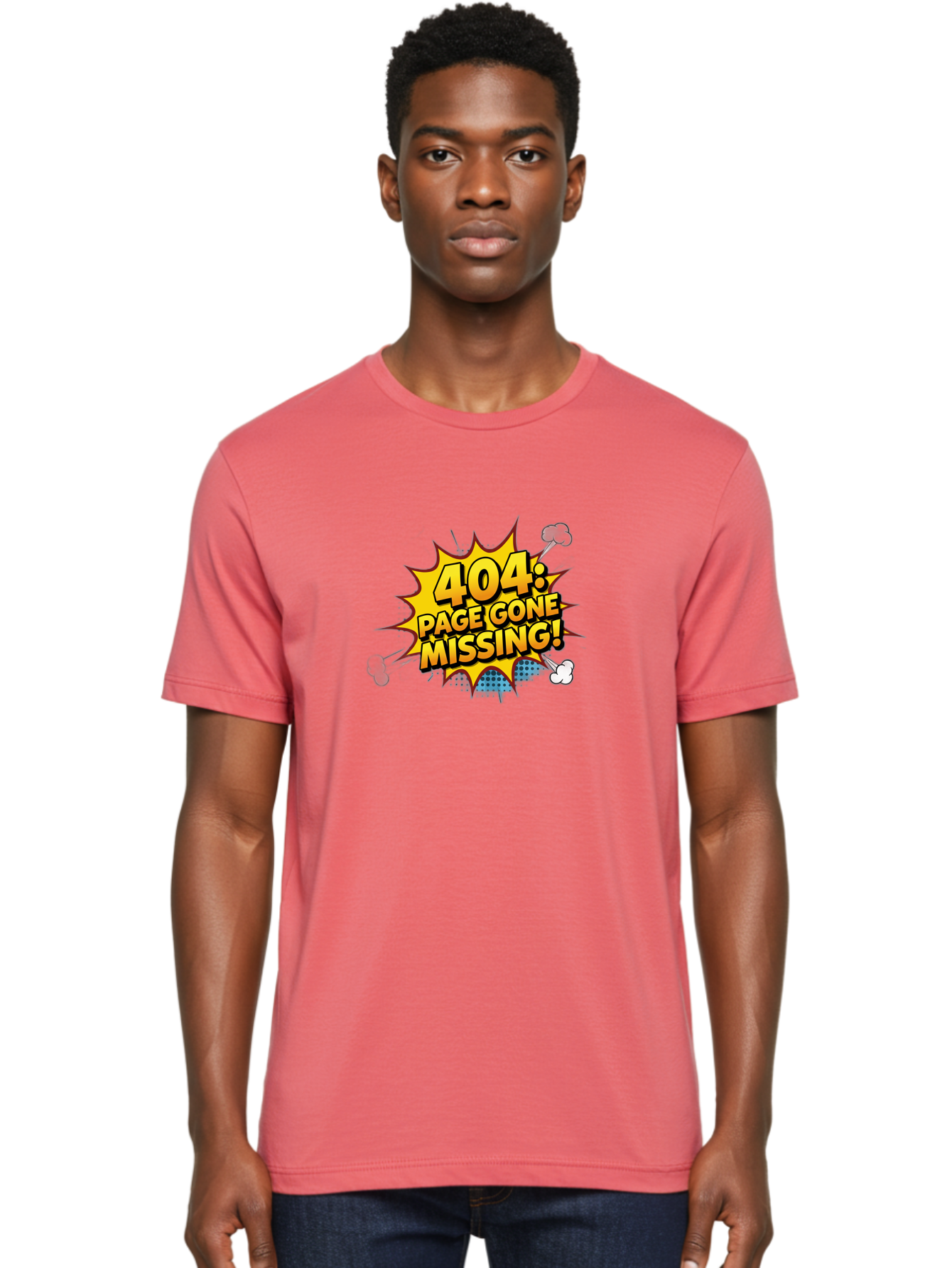 404-Page-Gone-Missing Men'S Graphic Tee, 100% Cotton, Comfortable Casual Summer Wear, Machine Washable, 404 Error Message, Page Not Found, Missing Page, Cartoon-Style Comic, Yellow And Blue Graphics, Funny Illustrations, Humorous Tone, Baa104