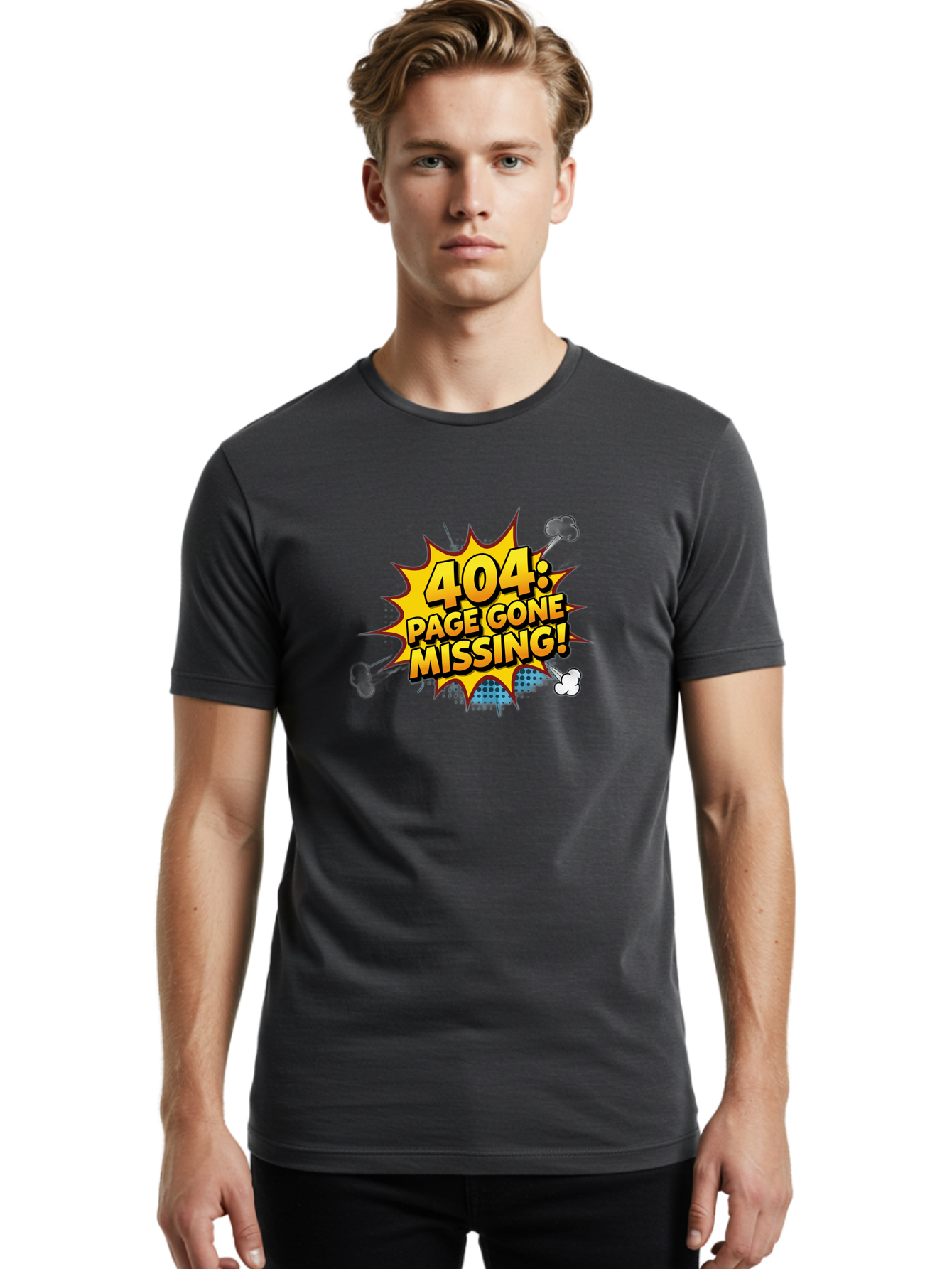 404-Page-Gone-Missing Men'S Graphic Tee, 100% Cotton, Comfortable Casual Summer Wear, Machine Washable, 404 Error Message, Page Not Found, Missing Page, Cartoon-Style Comic, Yellow And Blue Graphics, Funny Illustrations, Humorous Tone, Baa104