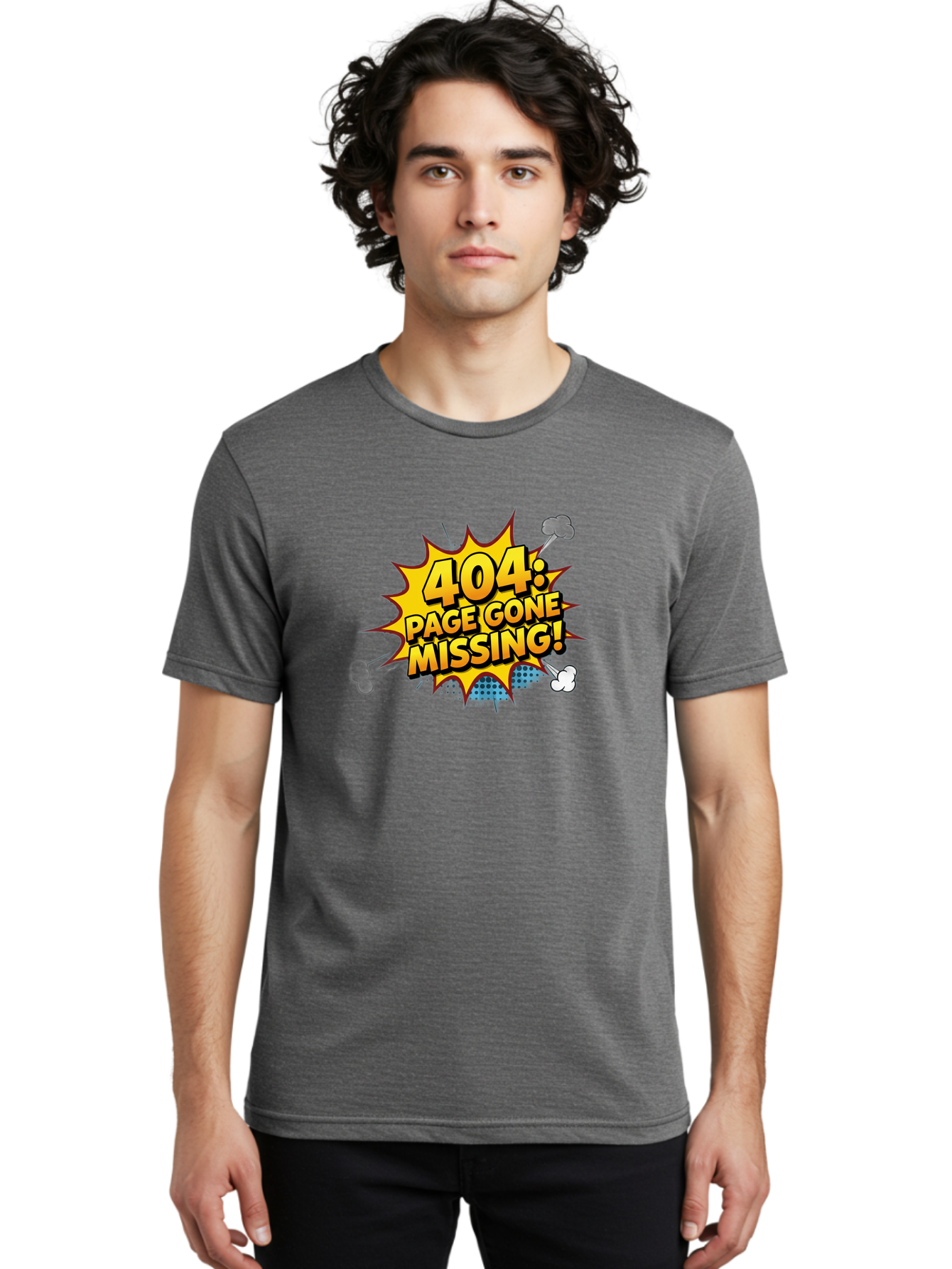 404-Page-Gone-Missing Men'S Graphic Tee, 100% Cotton, Comfortable Casual Summer Wear, Machine Washable, 404 Error Message, Page Not Found, Missing Page, Cartoon-Style Comic, Yellow And Blue Graphics, Funny Illustrations, Humorous Tone, Baa104