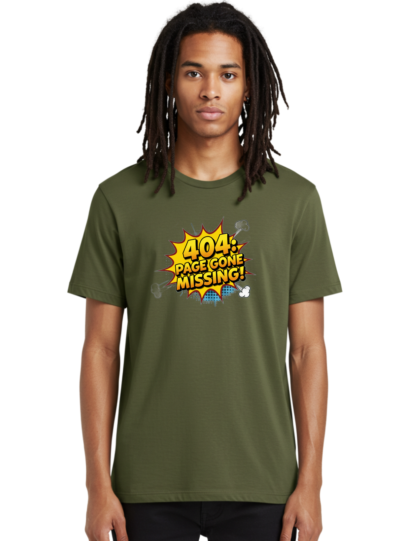 404-Page-Gone-Missing Men'S Graphic Tee, 100% Cotton, Comfortable Casual Summer Wear, Machine Washable, 404 Error Message, Page Not Found, Missing Page, Cartoon-Style Comic, Yellow And Blue Graphics, Funny Illustrations, Humorous Tone, Baa104