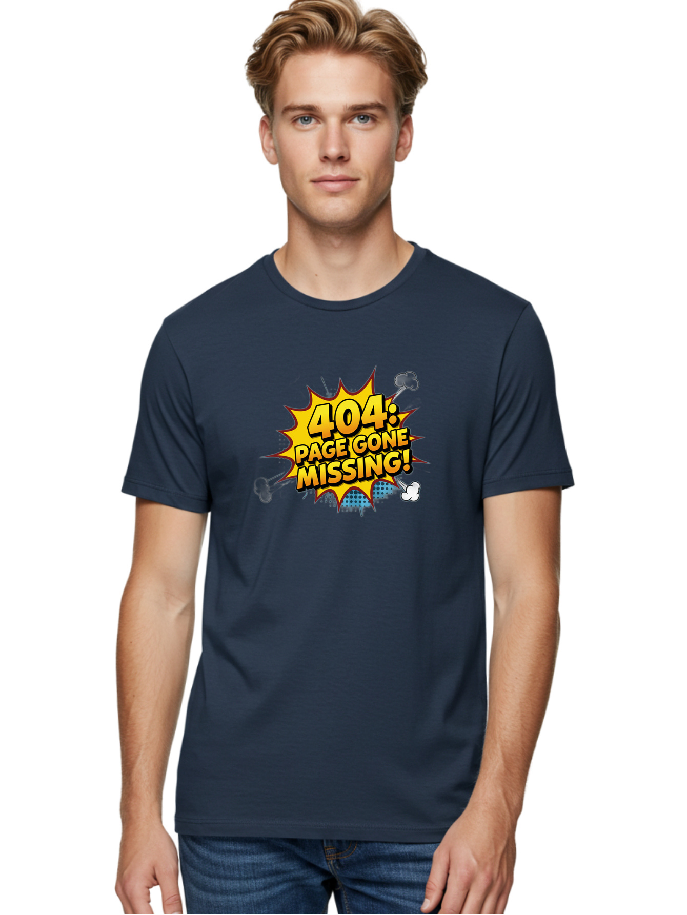 404-Page-Gone-Missing Men'S Graphic Tee, 100% Cotton, Comfortable Casual Summer Wear, Machine Washable, 404 Error Message, Page Not Found, Missing Page, Cartoon-Style Comic, Yellow And Blue Graphics, Funny Illustrations, Humorous Tone, Baa104