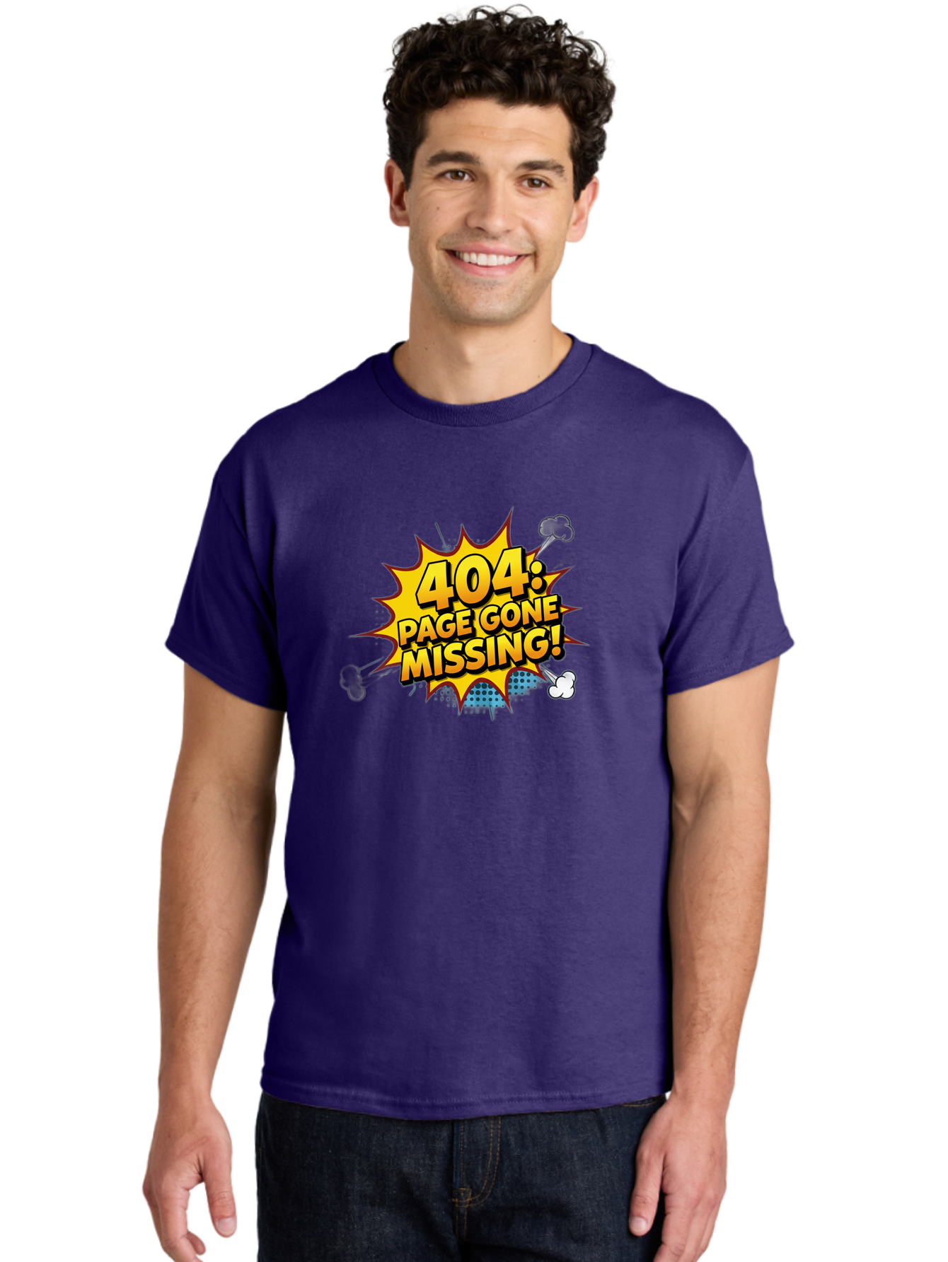 404-Page-Gone-Missing Men'S Graphic Tee, 100% Cotton, Comfortable Casual Summer Wear, Machine Washable, 404 Error Message, Page Not Found, Missing Page, Cartoon-Style Comic, Yellow And Blue Graphics, Funny Illustrations, Humorous Tone, Baa104