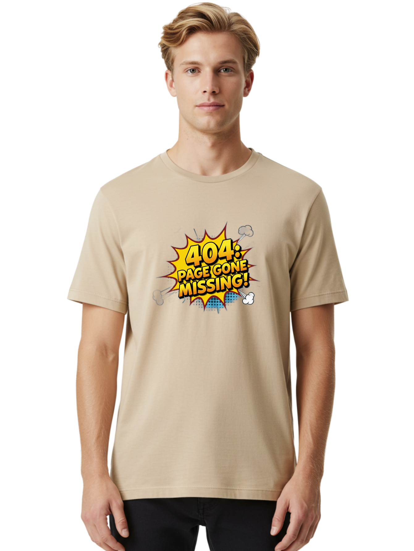 404-Page-Gone-Missing Men'S Graphic Tee, 100% Cotton, Comfortable Casual Summer Wear, Machine Washable, 404 Error Message, Page Not Found, Missing Page, Cartoon-Style Comic, Yellow And Blue Graphics, Funny Illustrations, Humorous Tone, Baa104