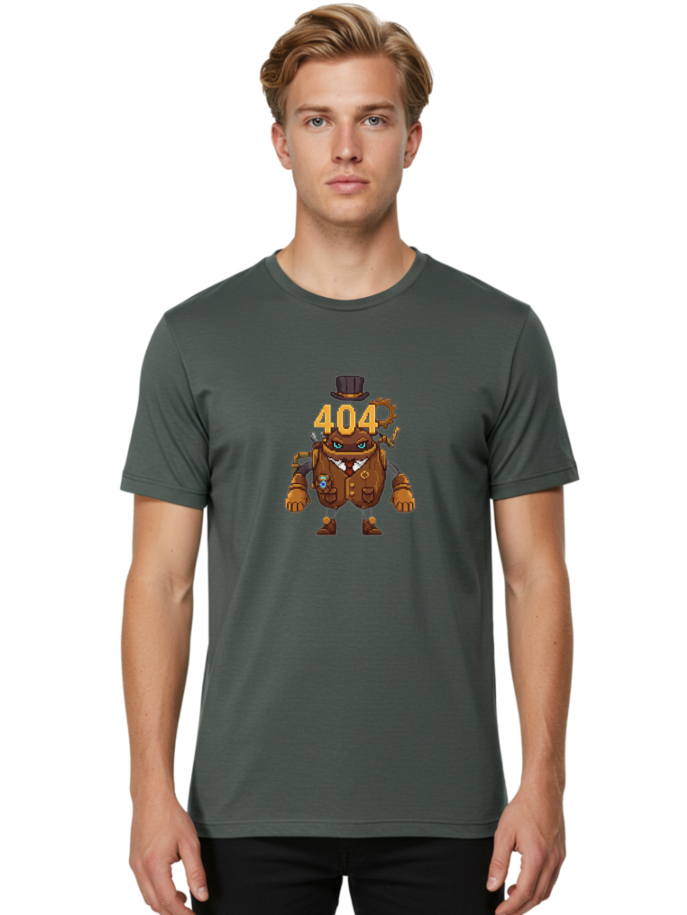 404-Robot Men'S Graphic Tee, 100% Cotton, Comfortable Casual Summer Wear, Machine Washable, Steampunk Robot, 404 Error Message, Robotics, Mechanical Parts, Top Hat, Quirky Character, Error Page, Web Design, Funny Illustration, Creative Coding Baa107