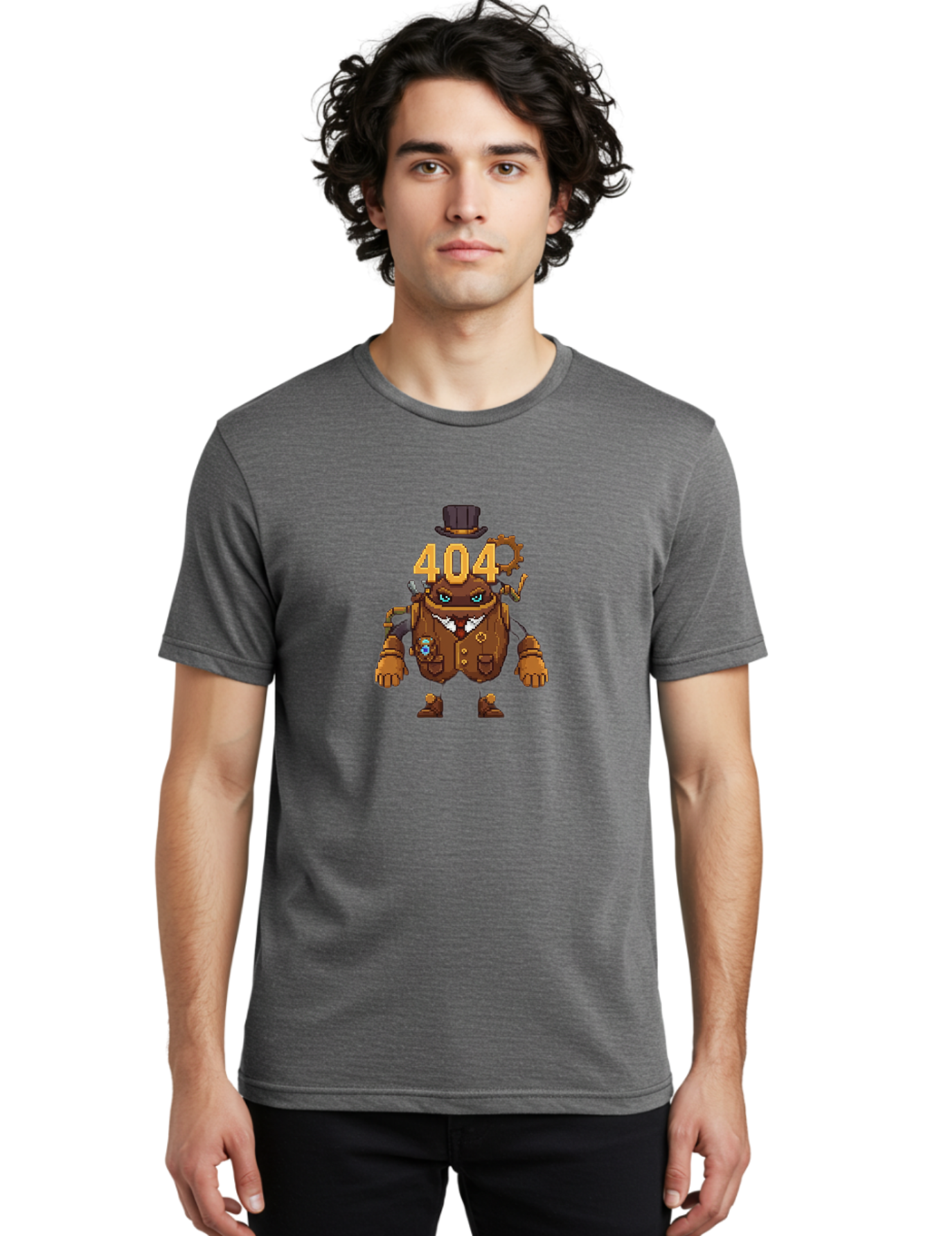 404-Robot Men'S Graphic Tee, 100% Cotton, Comfortable Casual Summer Wear, Machine Washable, Steampunk Robot, 404 Error Message, Robotics, Mechanical Parts, Top Hat, Quirky Character, Error Page, Web Design, Funny Illustration, Creative Coding Baa107
