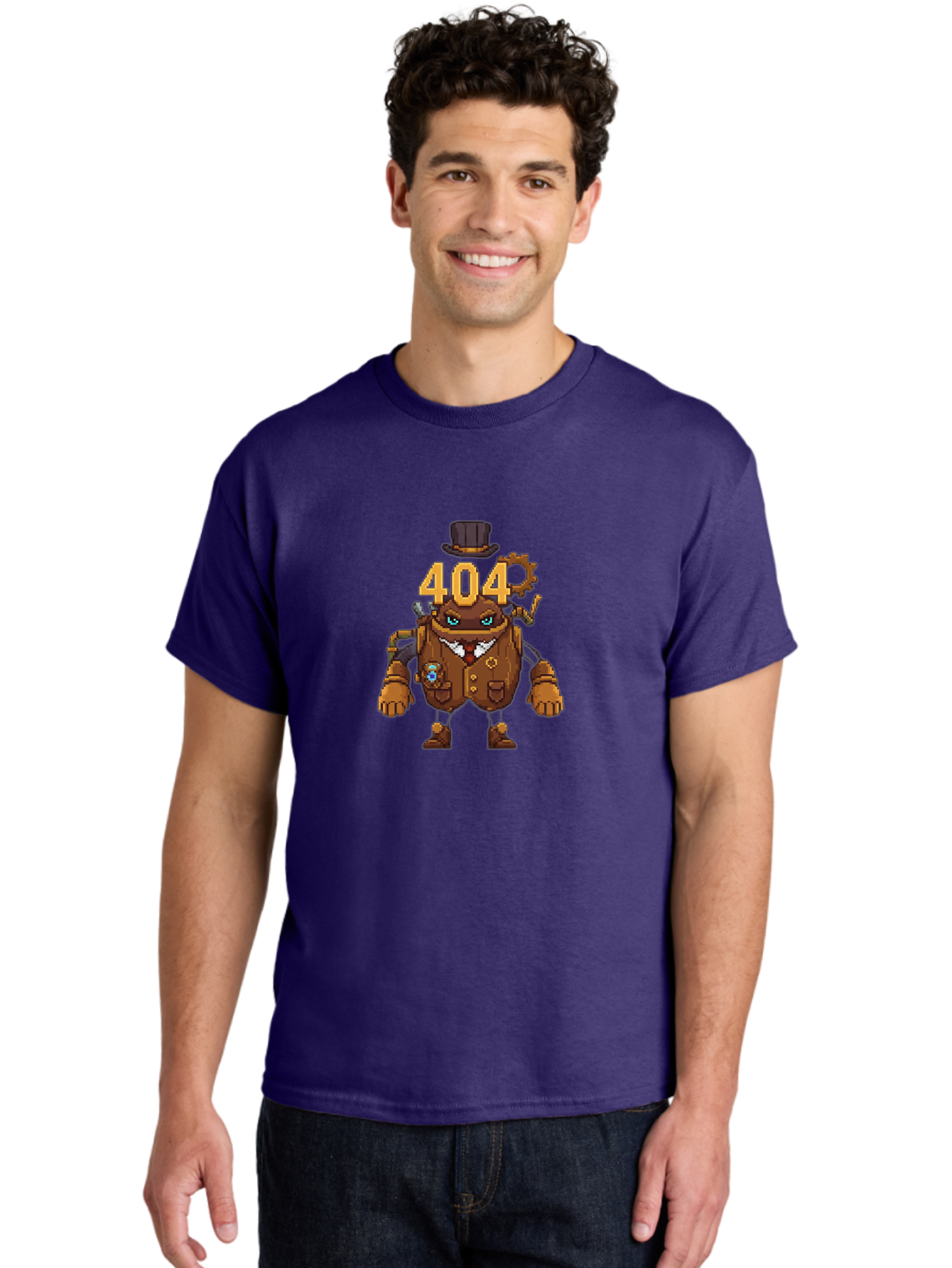 404-Robot Men'S Graphic Tee, 100% Cotton, Comfortable Casual Summer Wear, Machine Washable, Steampunk Robot, 404 Error Message, Robotics, Mechanical Parts, Top Hat, Quirky Character, Error Page, Web Design, Funny Illustration, Creative Coding Baa107