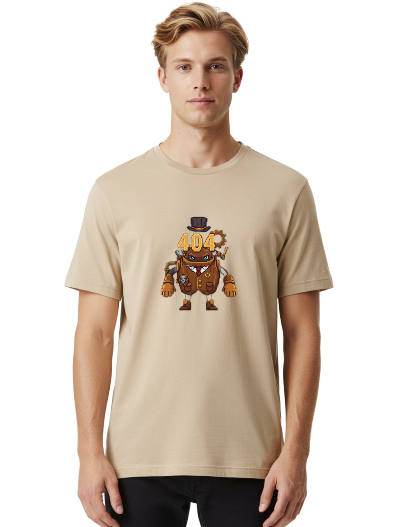 404-Robot Men'S Graphic Tee, 100% Cotton, Comfortable Casual Summer Wear, Machine Washable, Steampunk Robot, 404 Error Message, Robotics, Mechanical Parts, Top Hat, Quirky Character, Error Page, Web Design, Funny Illustration, Creative Coding Baa107