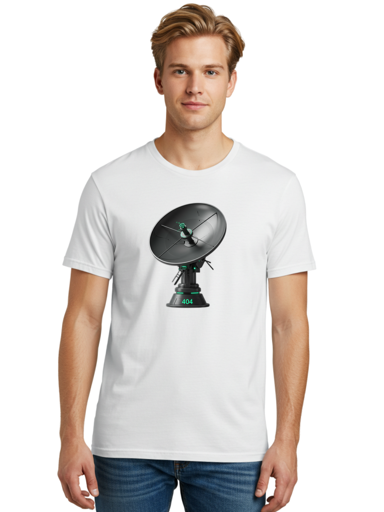 404-Satellite-Dish Men'S Graphic Tee, 100% Cotton, Comfortable Casual Summer Wear, Machine Washable, Satellite Dish, Futuristic Technology, Wireless Communication, 404 Error, Digital Connectivity, Cyberpunk Style, High-Tech Device, Baa108