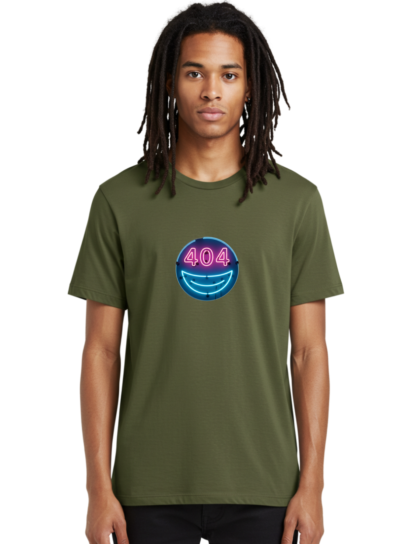 404-Smile Men'S Graphic Tee, 100% Cotton, Comfortable Casual Summer Wear, Machine Washable, Neon Smiley Face, 404 Error Message, Error Page, Pink Neon Numbers, Blue Neon Smile, Funny Error, Website Error, Glitch, Tech Humor, Cyber Smile, Baa109