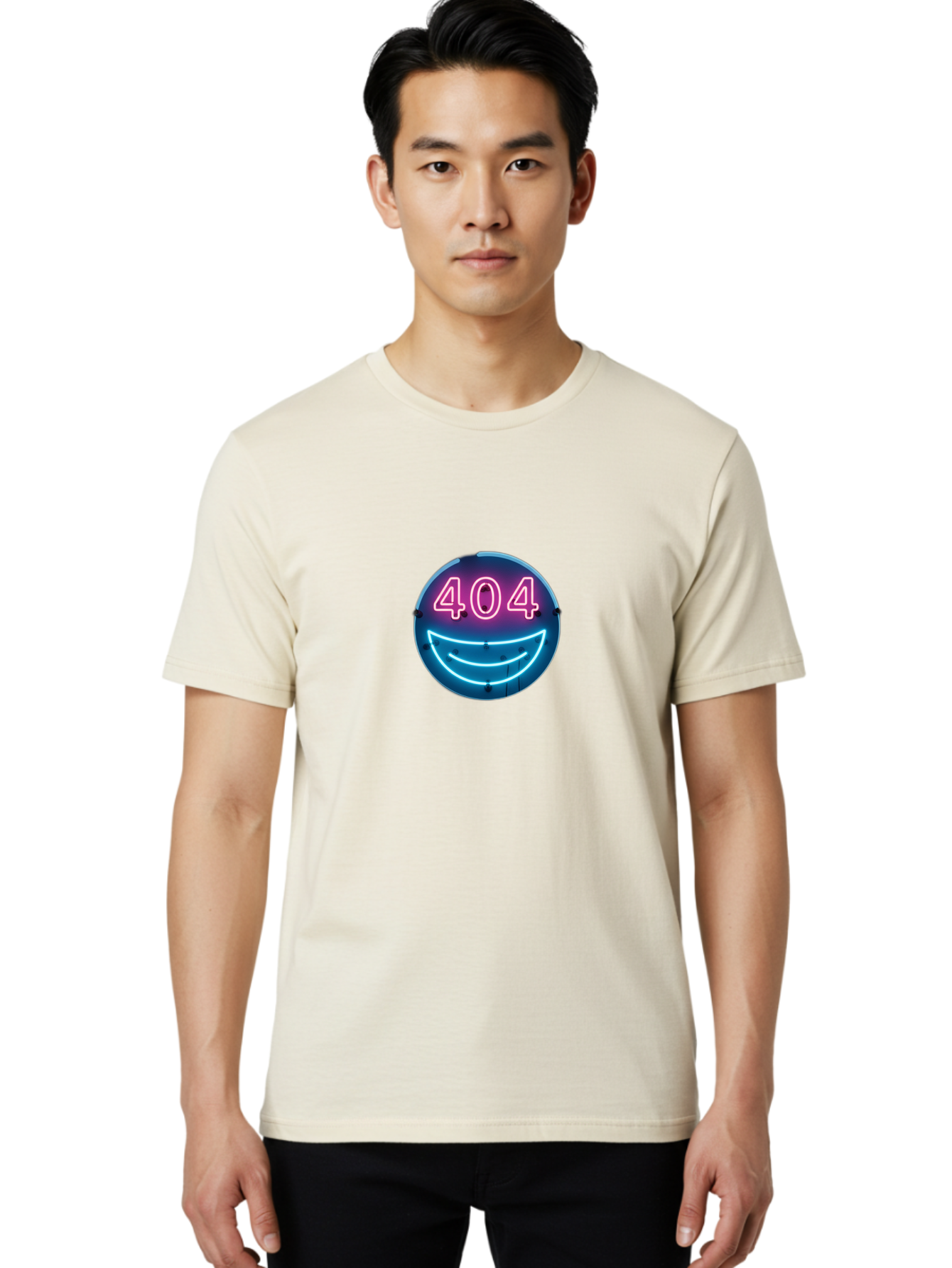 404-Smile Men'S Graphic Tee, 100% Cotton, Comfortable Casual Summer Wear, Machine Washable, Neon Smiley Face, 404 Error Message, Error Page, Pink Neon Numbers, Blue Neon Smile, Funny Error, Website Error, Glitch, Tech Humor, Cyber Smile, Baa109