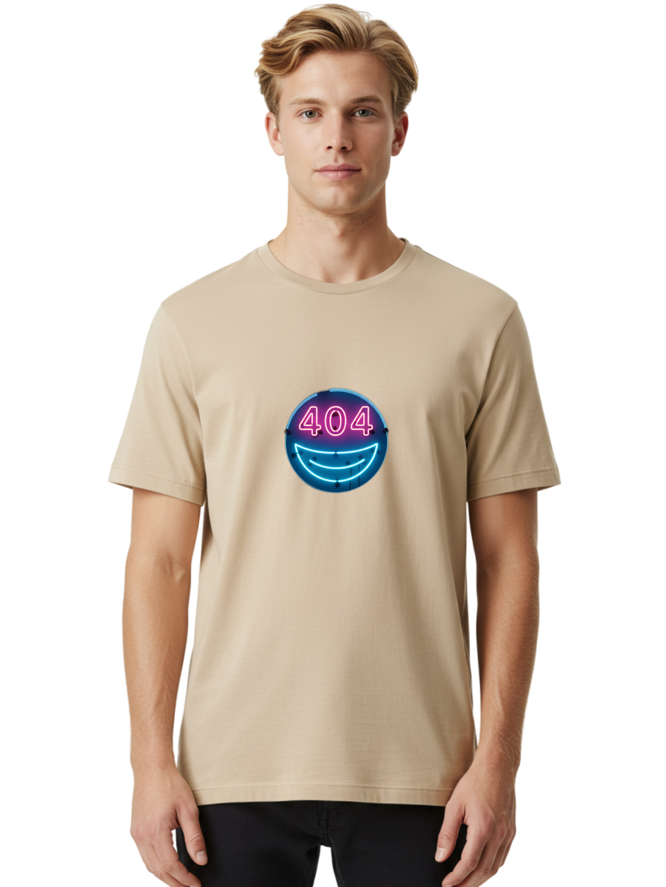 404-Smile Men'S Graphic Tee, 100% Cotton, Comfortable Casual Summer Wear, Machine Washable, Neon Smiley Face, 404 Error Message, Error Page, Pink Neon Numbers, Blue Neon Smile, Funny Error, Website Error, Glitch, Tech Humor, Cyber Smile, Baa109