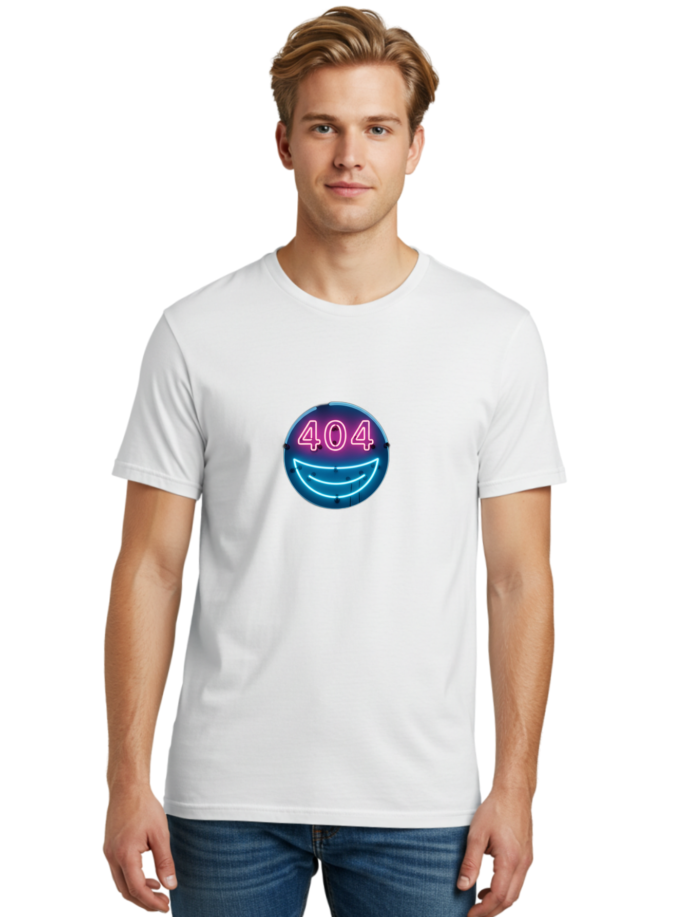 404-Smile Men'S Graphic Tee, 100% Cotton, Comfortable Casual Summer Wear, Machine Washable, Neon Smiley Face, 404 Error Message, Error Page, Pink Neon Numbers, Blue Neon Smile, Funny Error, Website Error, Glitch, Tech Humor, Cyber Smile, Baa109