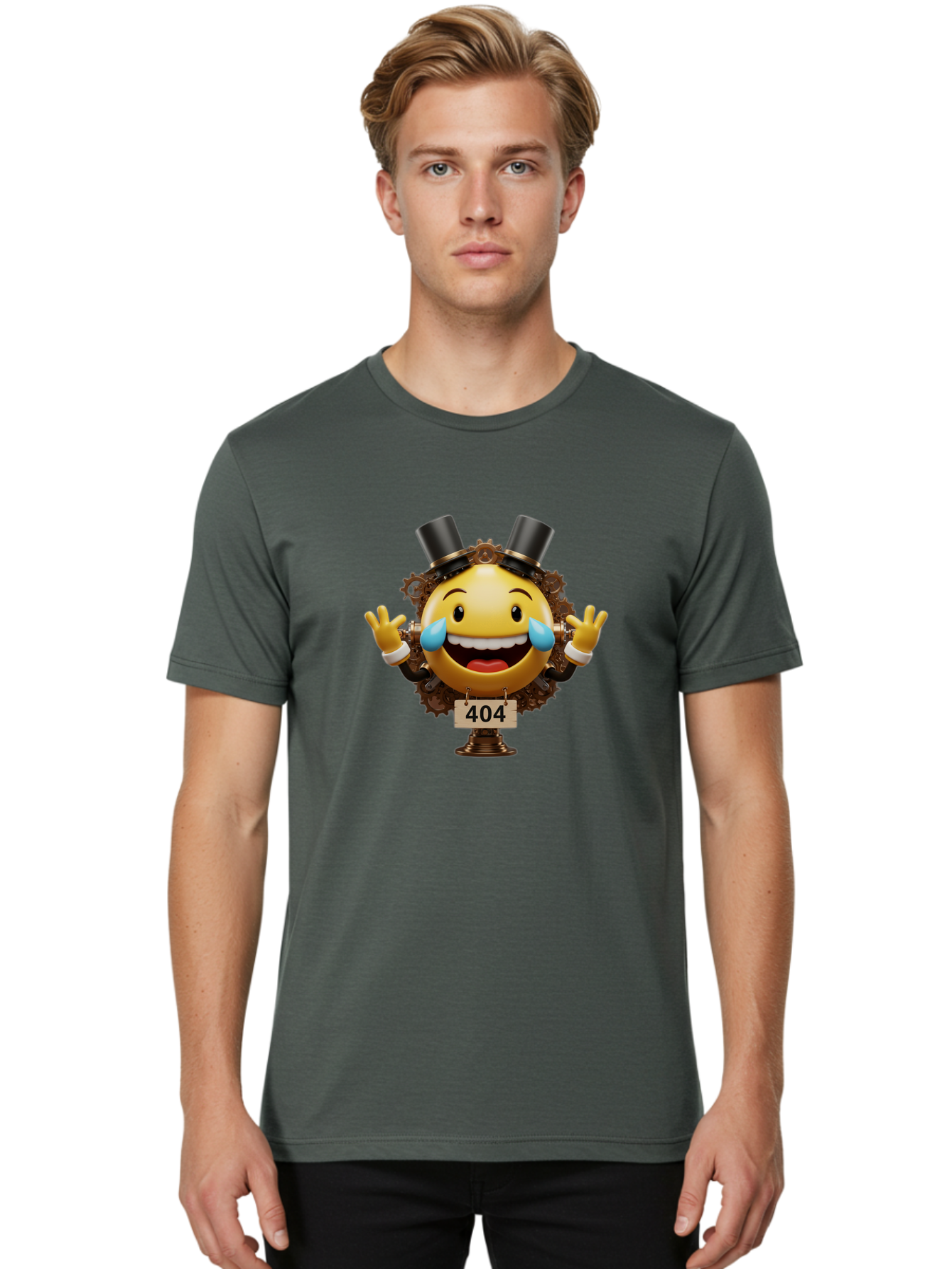 404-Steampunk-Emoji Men'S Graphic Tee, 100% Cotton, Comfortable Casual Summer Wear, Machine Washable, Steampunk Emoji, Laughing Crying Face, 404 Error Page, Steam Engine Gears, Top Hats, Quirky Design, Comical Illustration, Humorous Art, Baa110