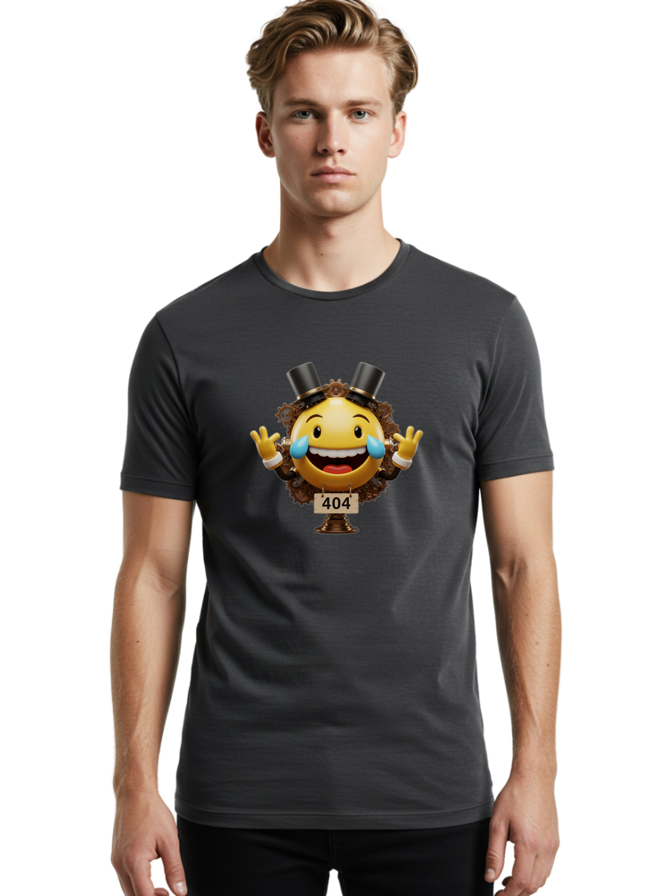 404-Steampunk-Emoji Men'S Graphic Tee, 100% Cotton, Comfortable Casual Summer Wear, Machine Washable, Steampunk Emoji, Laughing Crying Face, 404 Error Page, Steam Engine Gears, Top Hats, Quirky Design, Comical Illustration, Humorous Art, Baa110