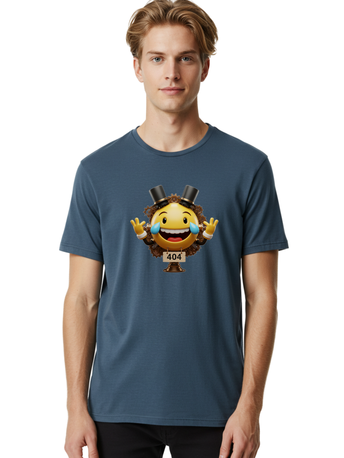 404-Steampunk-Emoji Men'S Graphic Tee, 100% Cotton, Comfortable Casual Summer Wear, Machine Washable, Steampunk Emoji, Laughing Crying Face, 404 Error Page, Steam Engine Gears, Top Hats, Quirky Design, Comical Illustration, Humorous Art, Baa110