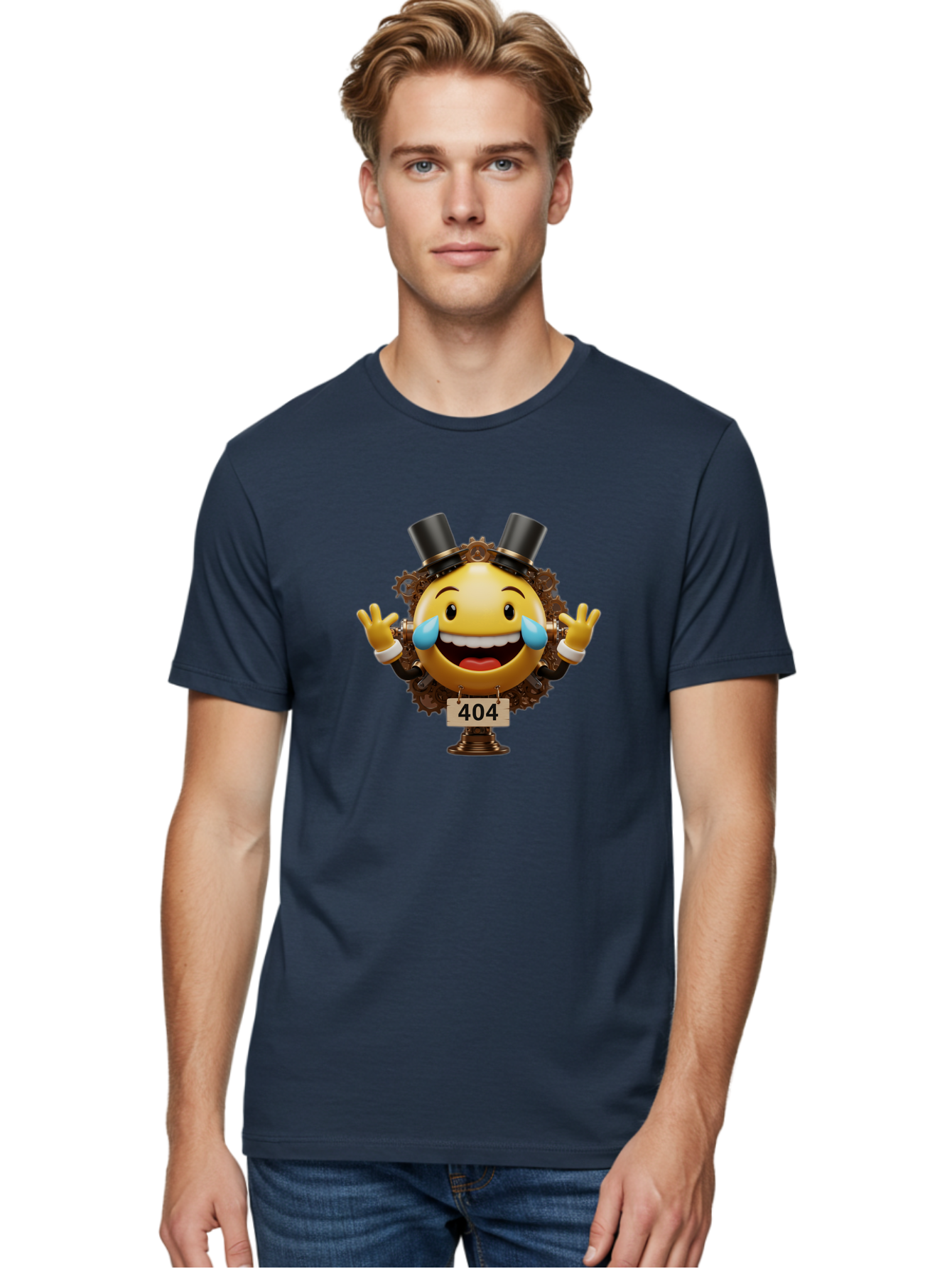 404-Steampunk-Emoji Men'S Graphic Tee, 100% Cotton, Comfortable Casual Summer Wear, Machine Washable, Steampunk Emoji, Laughing Crying Face, 404 Error Page, Steam Engine Gears, Top Hats, Quirky Design, Comical Illustration, Humorous Art, Baa110