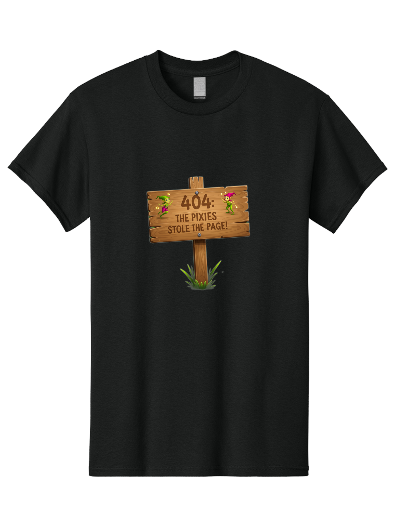 404-The-Pixies-Stole-The-Page Men'S Graphic Tee, 100% Cotton, Comfortable Casual Summer Wear, Machine Washable, Wooden Sign, Error 404, Mischievous Pixies, Lost Page, Playful Elves, Digital Mishaps, Website Errors, Fun, Mythical Creatures, Baa111