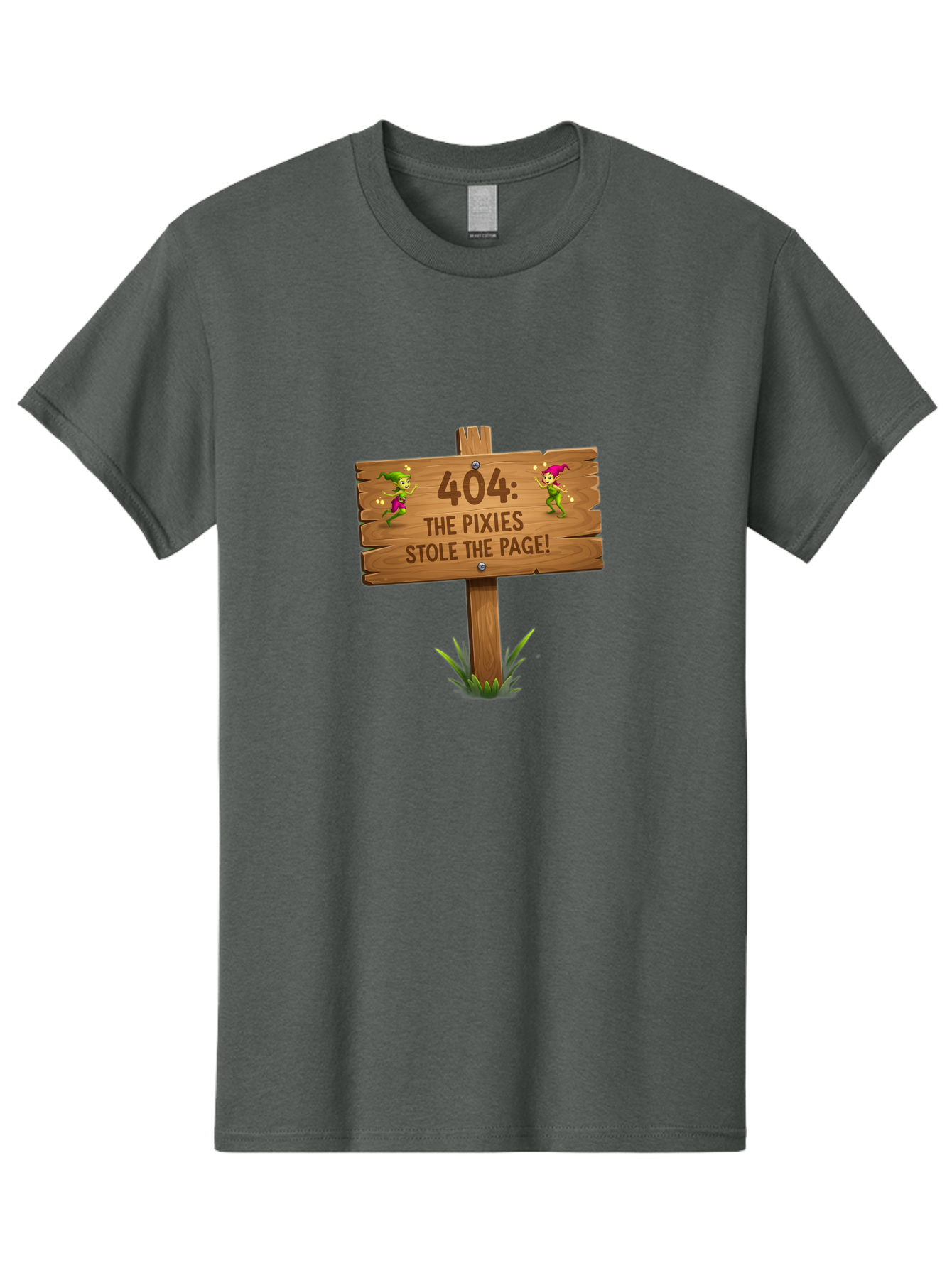 404-The-Pixies-Stole-The-Page Men'S Graphic Tee, 100% Cotton, Comfortable Casual Summer Wear, Machine Washable, Wooden Sign, Error 404, Mischievous Pixies, Lost Page, Playful Elves, Digital Mishaps, Website Errors, Fun, Mythical Creatures, Baa111