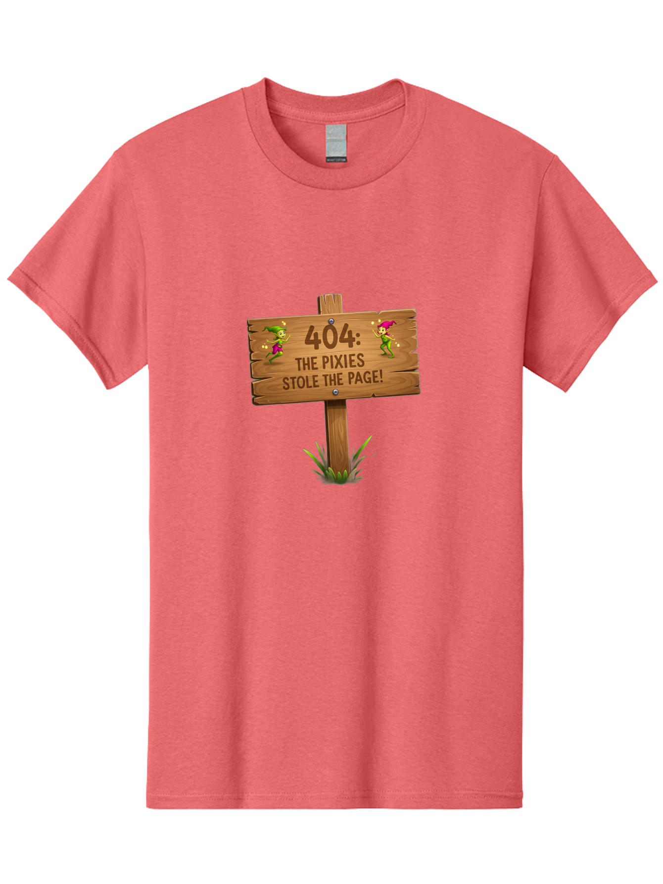 404-The-Pixies-Stole-The-Page Men'S Graphic Tee, 100% Cotton, Comfortable Casual Summer Wear, Machine Washable, Wooden Sign, Error 404, Mischievous Pixies, Lost Page, Playful Elves, Digital Mishaps, Website Errors, Fun, Mythical Creatures, Baa111