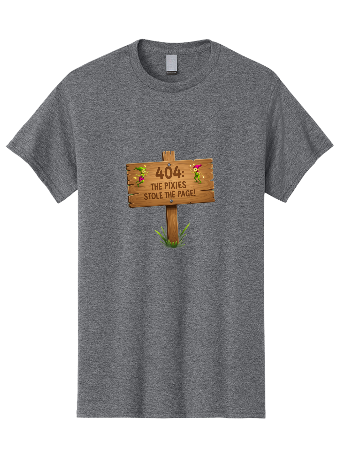 404-The-Pixies-Stole-The-Page Men'S Graphic Tee, 100% Cotton, Comfortable Casual Summer Wear, Machine Washable, Wooden Sign, Error 404, Mischievous Pixies, Lost Page, Playful Elves, Digital Mishaps, Website Errors, Fun, Mythical Creatures, Baa111