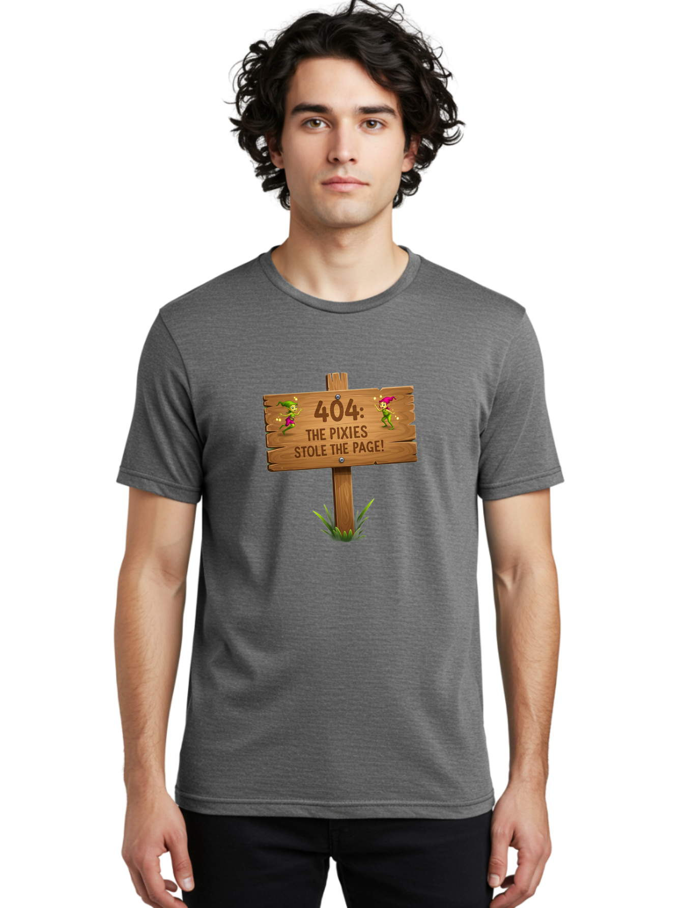 404-The-Pixies-Stole-The-Page Men'S Graphic Tee, 100% Cotton, Comfortable Casual Summer Wear, Machine Washable, Wooden Sign, Error 404, Mischievous Pixies, Lost Page, Playful Elves, Digital Mishaps, Website Errors, Fun, Mythical Creatures, Baa111